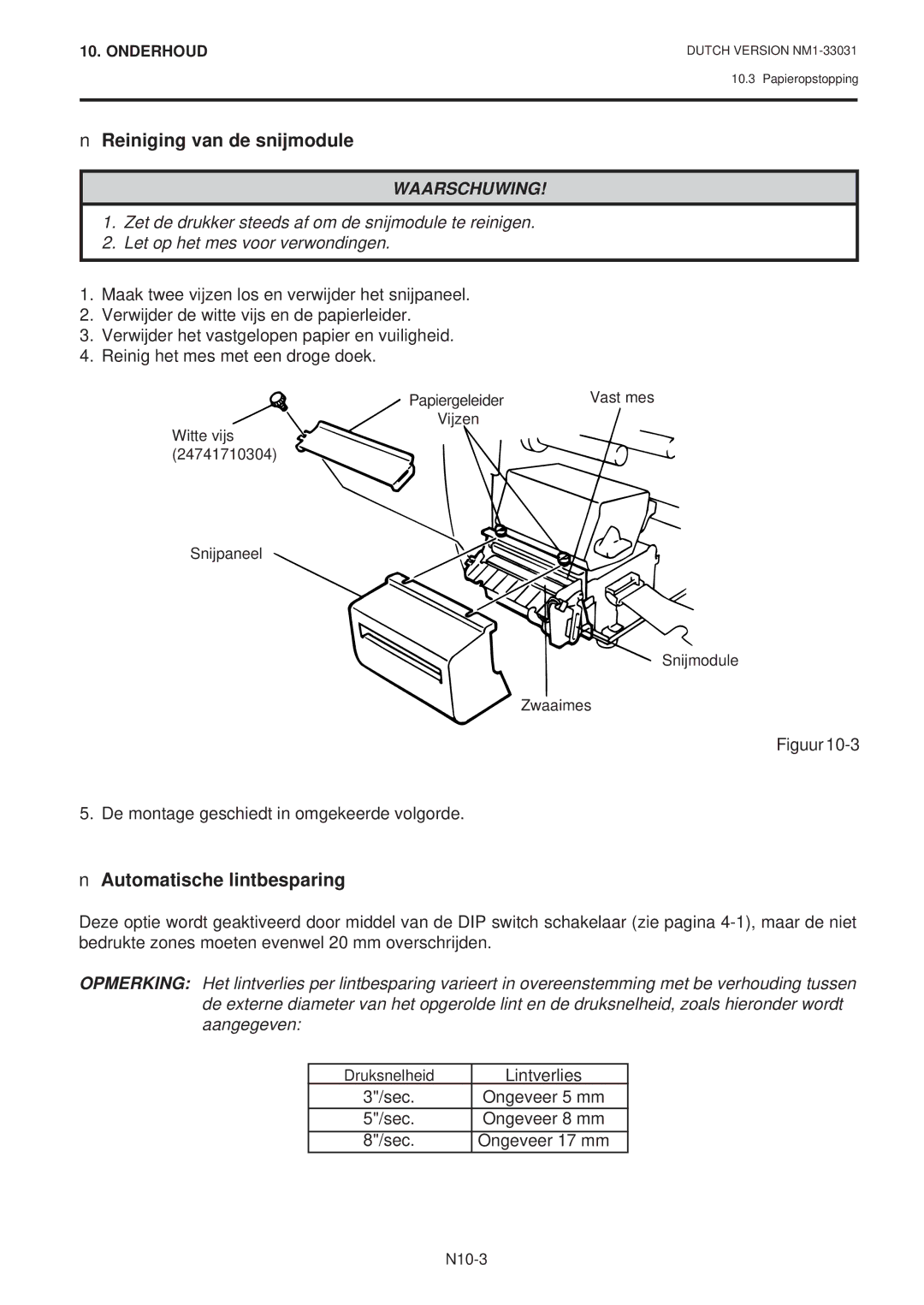 Toshiba B-570-QP Series owner manual Reiniging van de snijmodule, Automatische lintbesparing, Lintverlies 