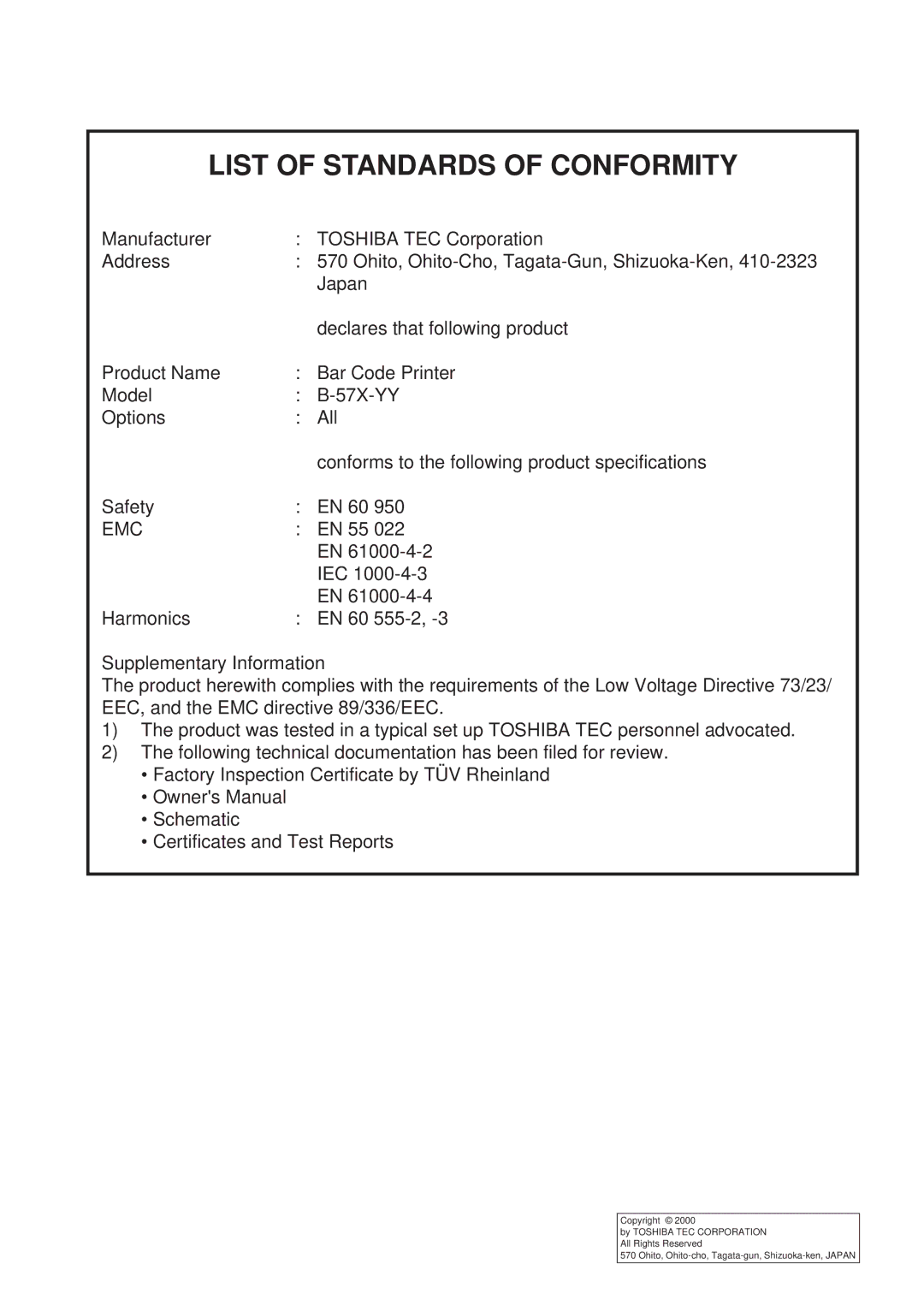 Toshiba B-570-QP Series owner manual List of Standards of Conformity, Emc 