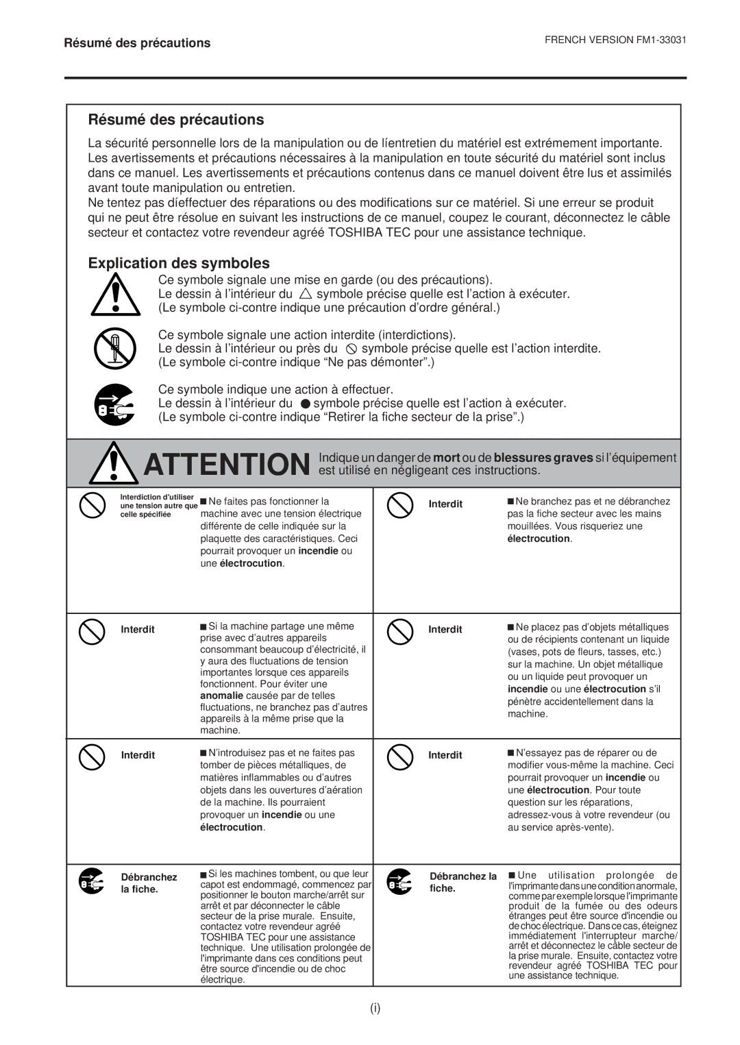 Toshiba B-570-QP Series owner manual Résumé des précautions, Explication des symboles 