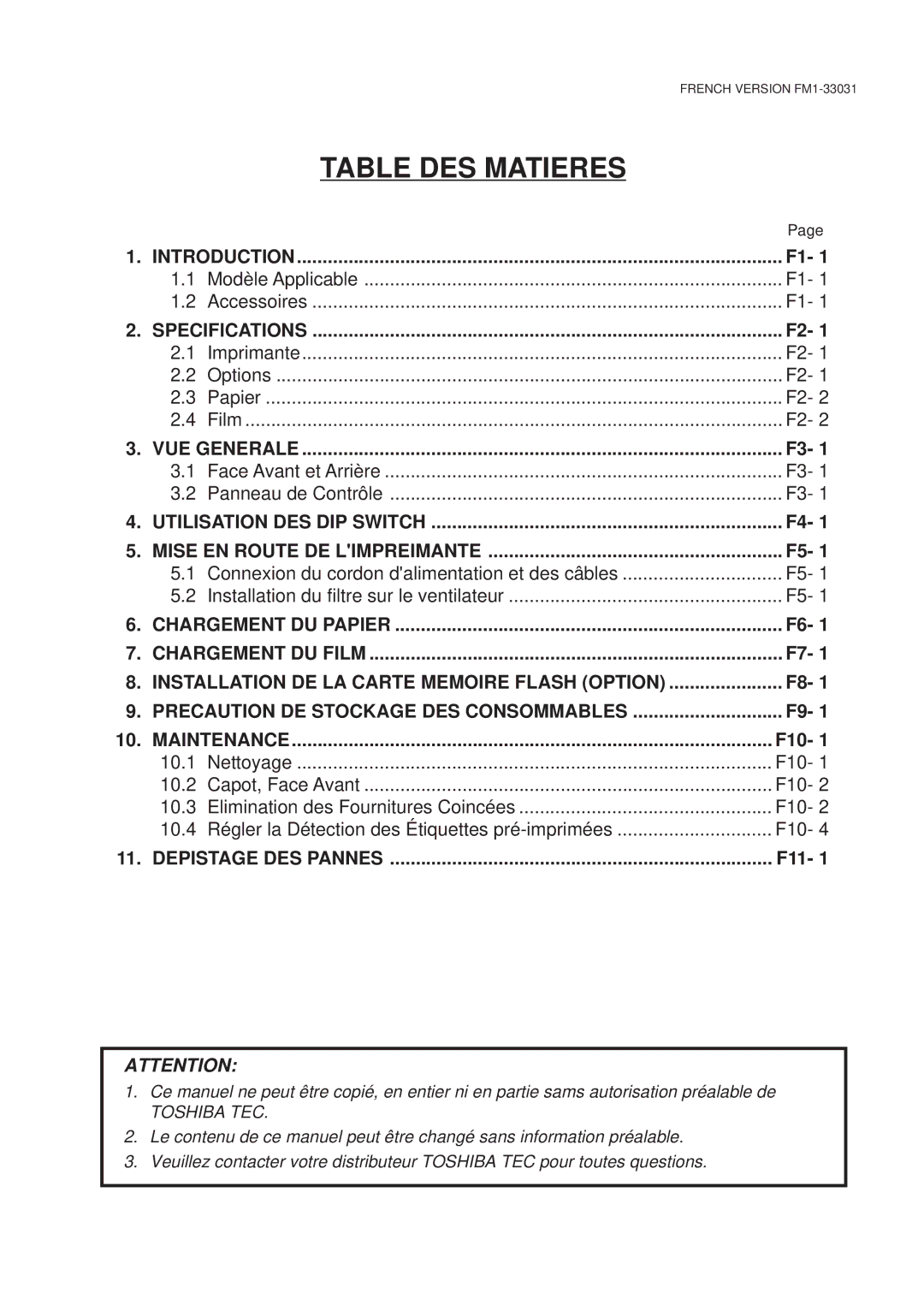 Toshiba B-570-QP Series owner manual Table DES Matieres, F10, F11 