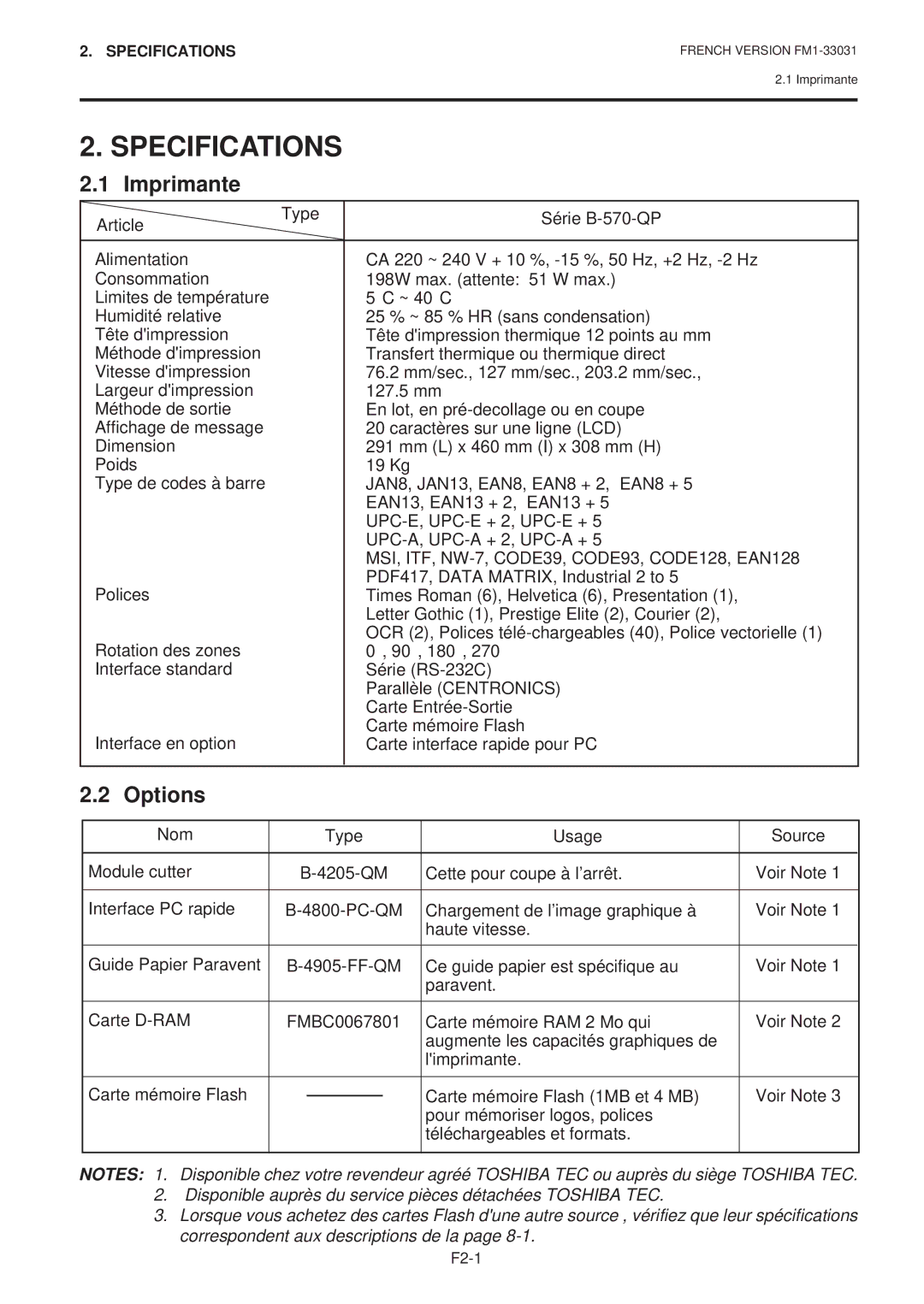 Toshiba B-570-QP Series owner manual Imprimante, Options 