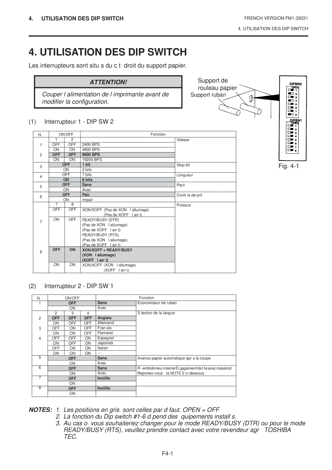 Toshiba B-570-QP Series owner manual Utilisation DES DIP Switch, Support de rouleau papier, Interrupteur 1 DIP SW 