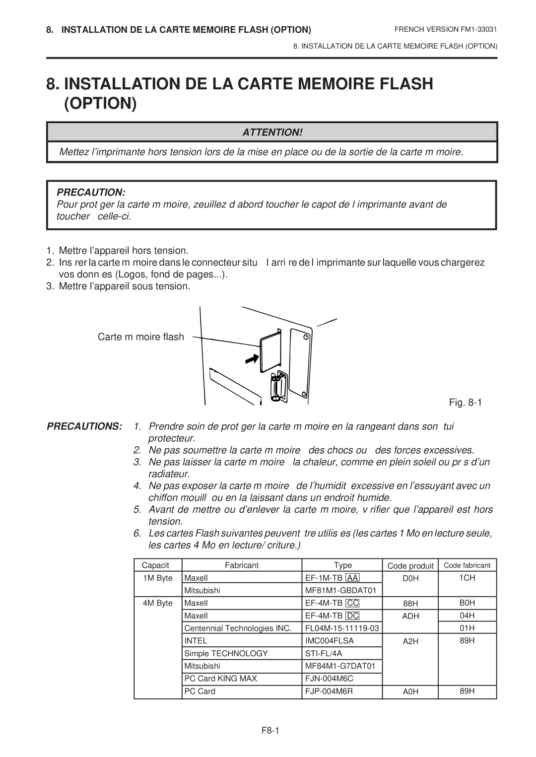 Toshiba B-570-QP Series owner manual Installation DE LA Carte Memoire Flash Option, Precaution 