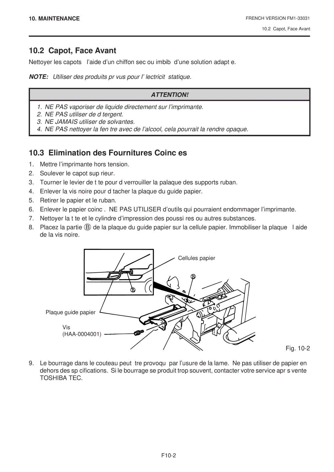 Toshiba B-570-QP Series owner manual Capot, Face Avant, Elimination des Fournitures Coincées, Toshiba TEC 