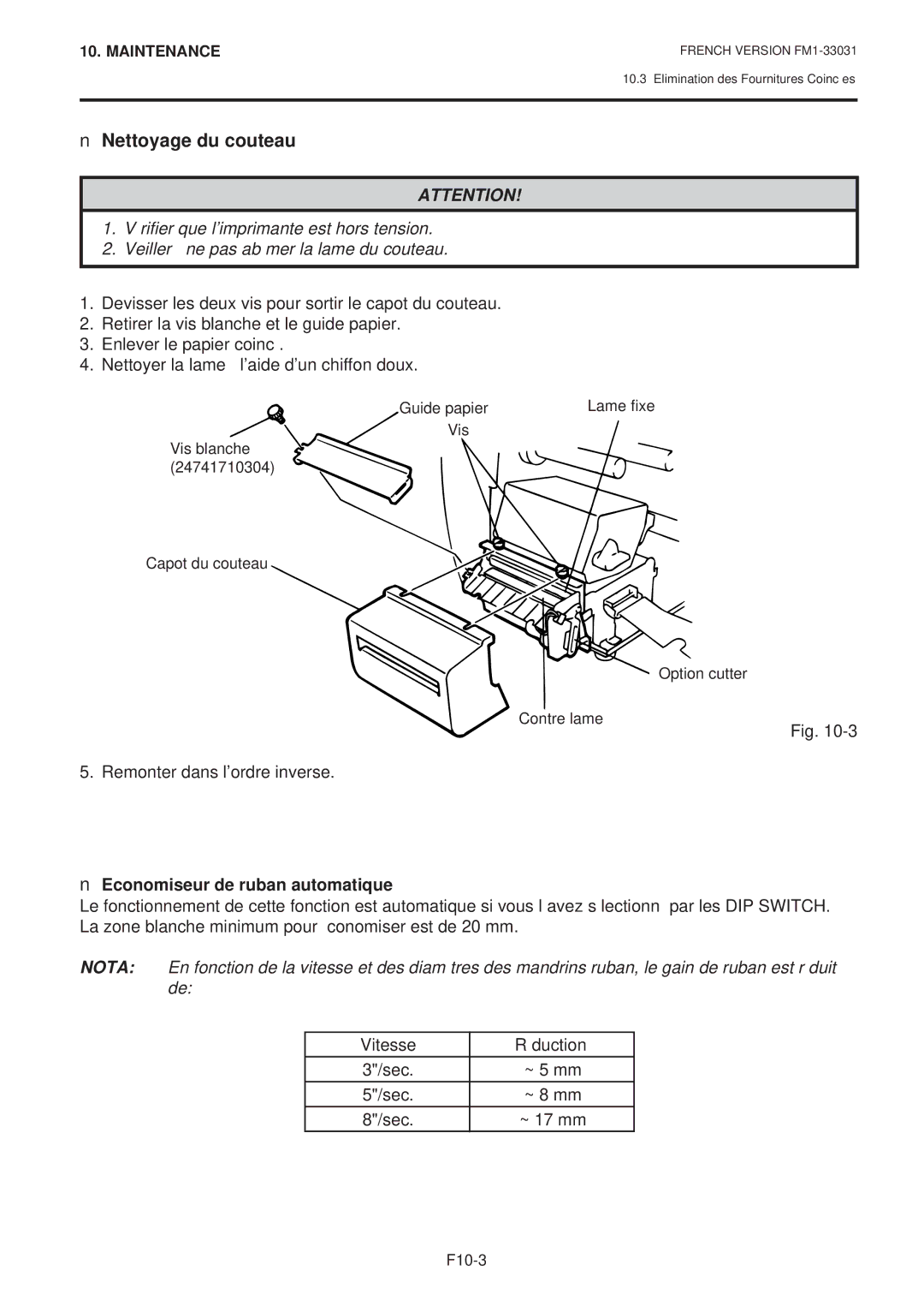 Toshiba B-570-QP Series owner manual Nettoyage du couteau, Remonter dans lordre inverse, Economiseur de ruban automatique 