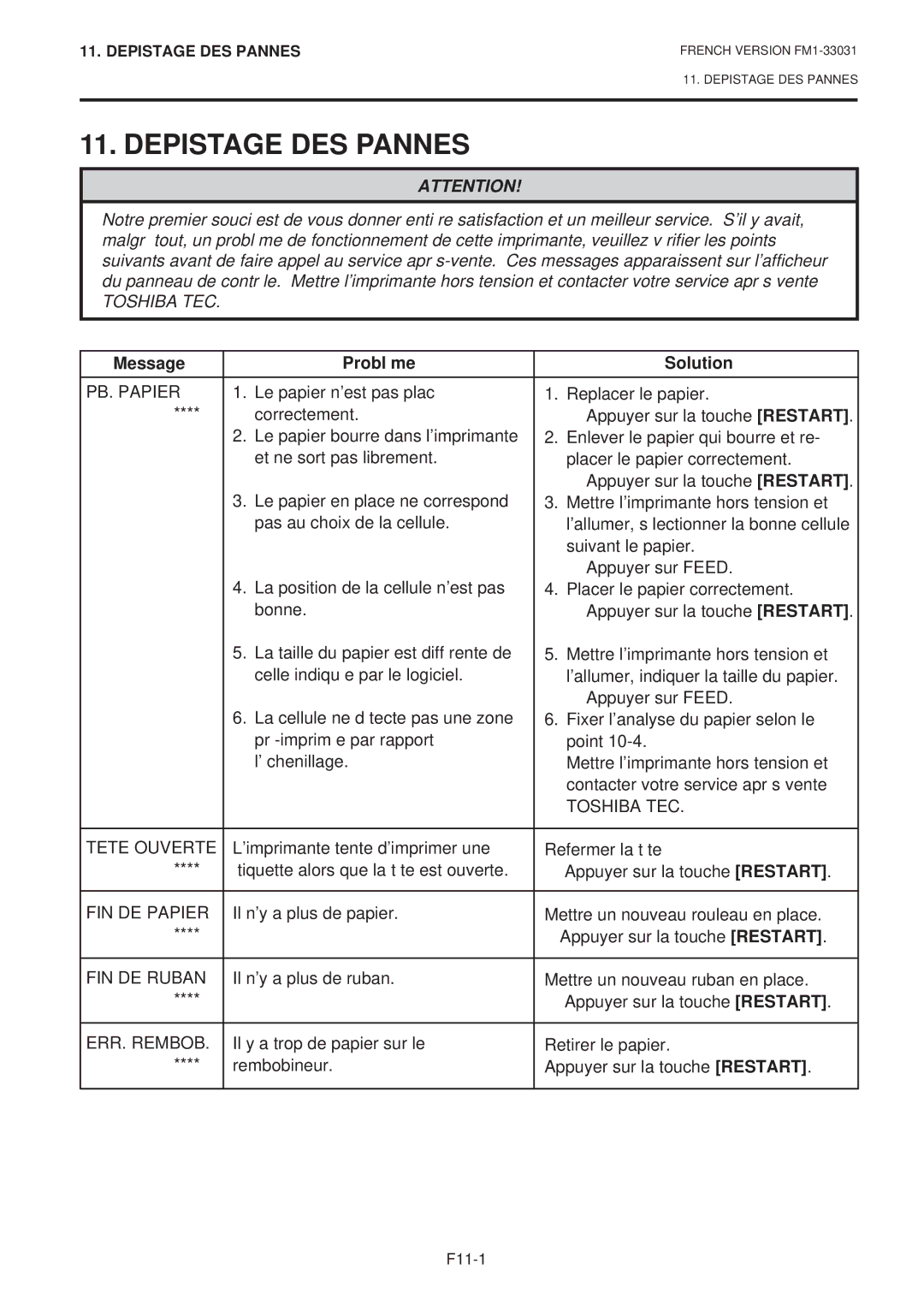 Toshiba B-570-QP Series owner manual Depistage DES Pannes, Message Problème Solution 