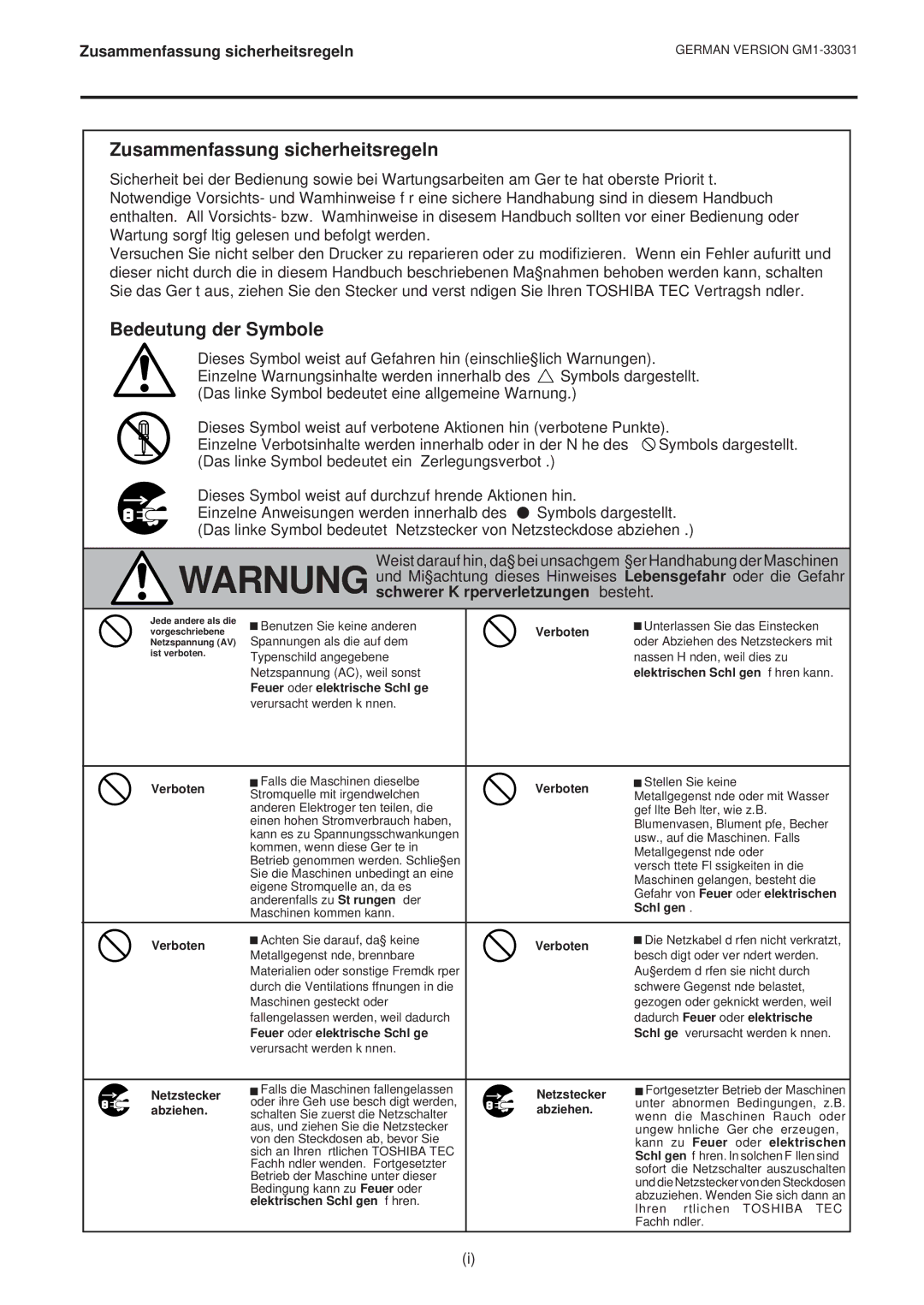 Toshiba B-570-QP Series owner manual Zusammenfassung sicherheitsregeln, Bedeutung der Symbole 