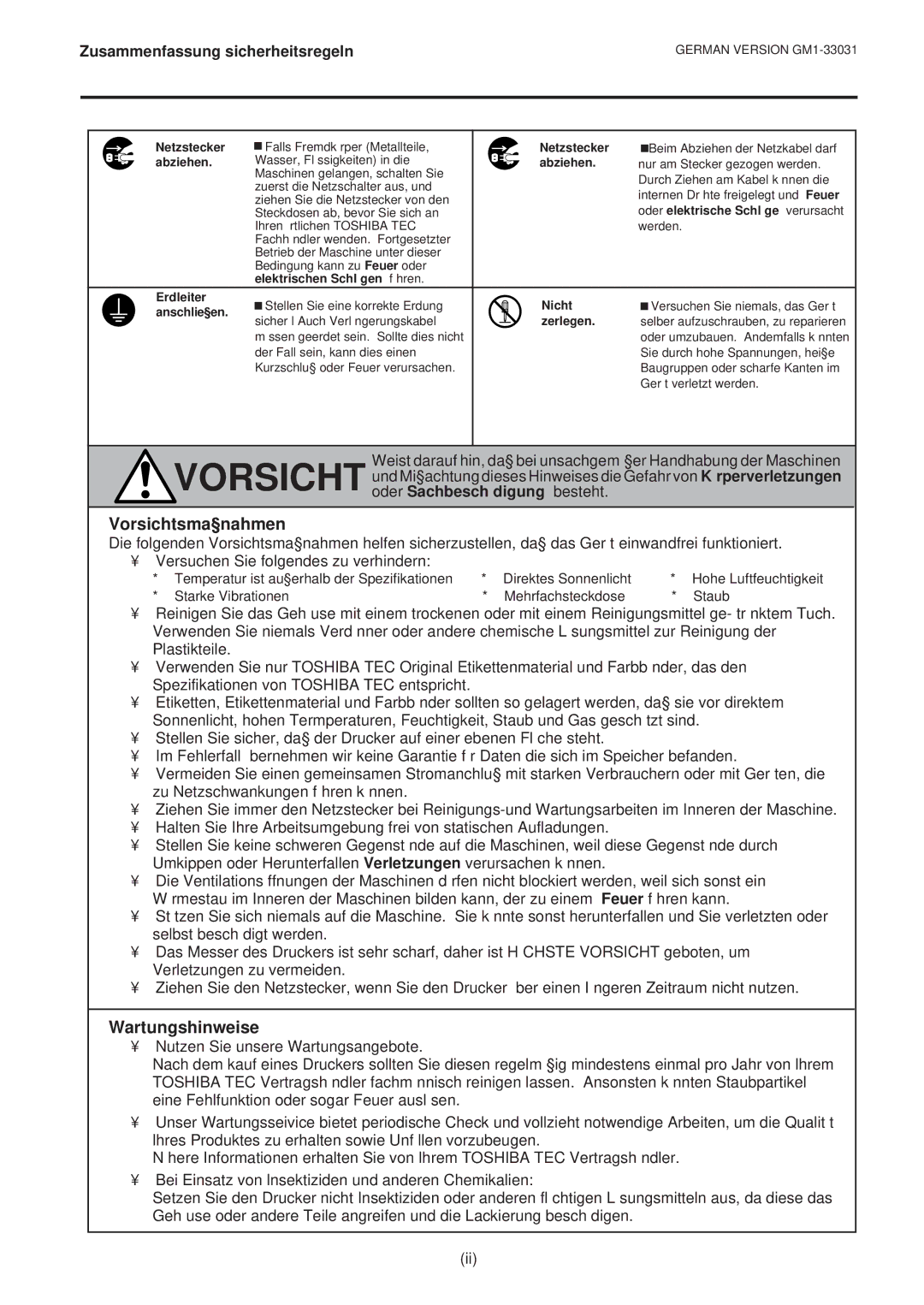 Toshiba B-570-QP Series owner manual Vorsichtsmaßnahmen, Wartungshinweise 