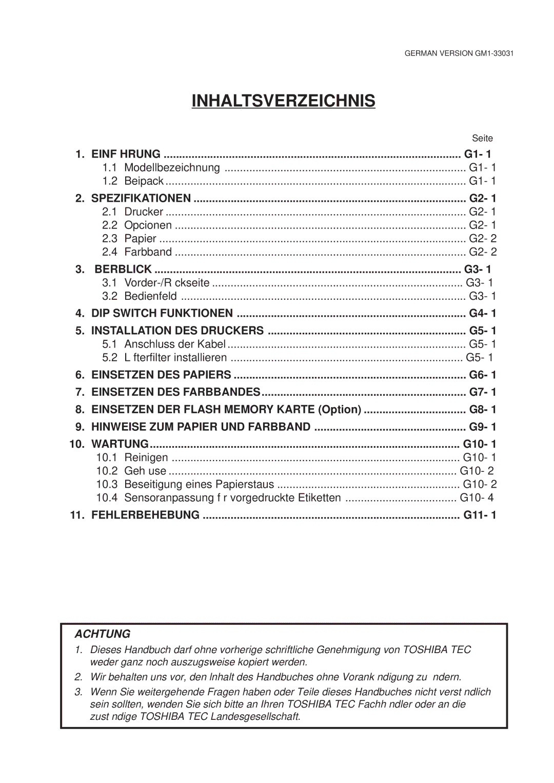 Toshiba B-570-QP Series owner manual Inhaltsverzeichnis, G10, G11 