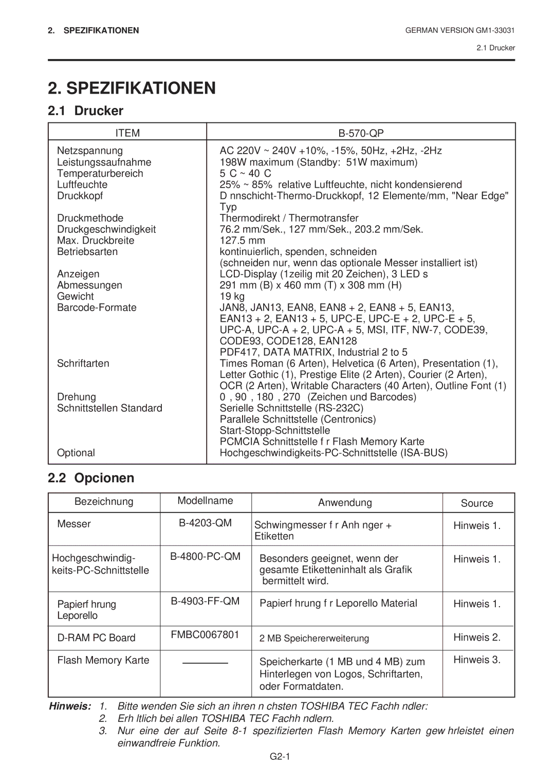 Toshiba B-570-QP Series owner manual Spezifikationen, Drucker, Opcionen 