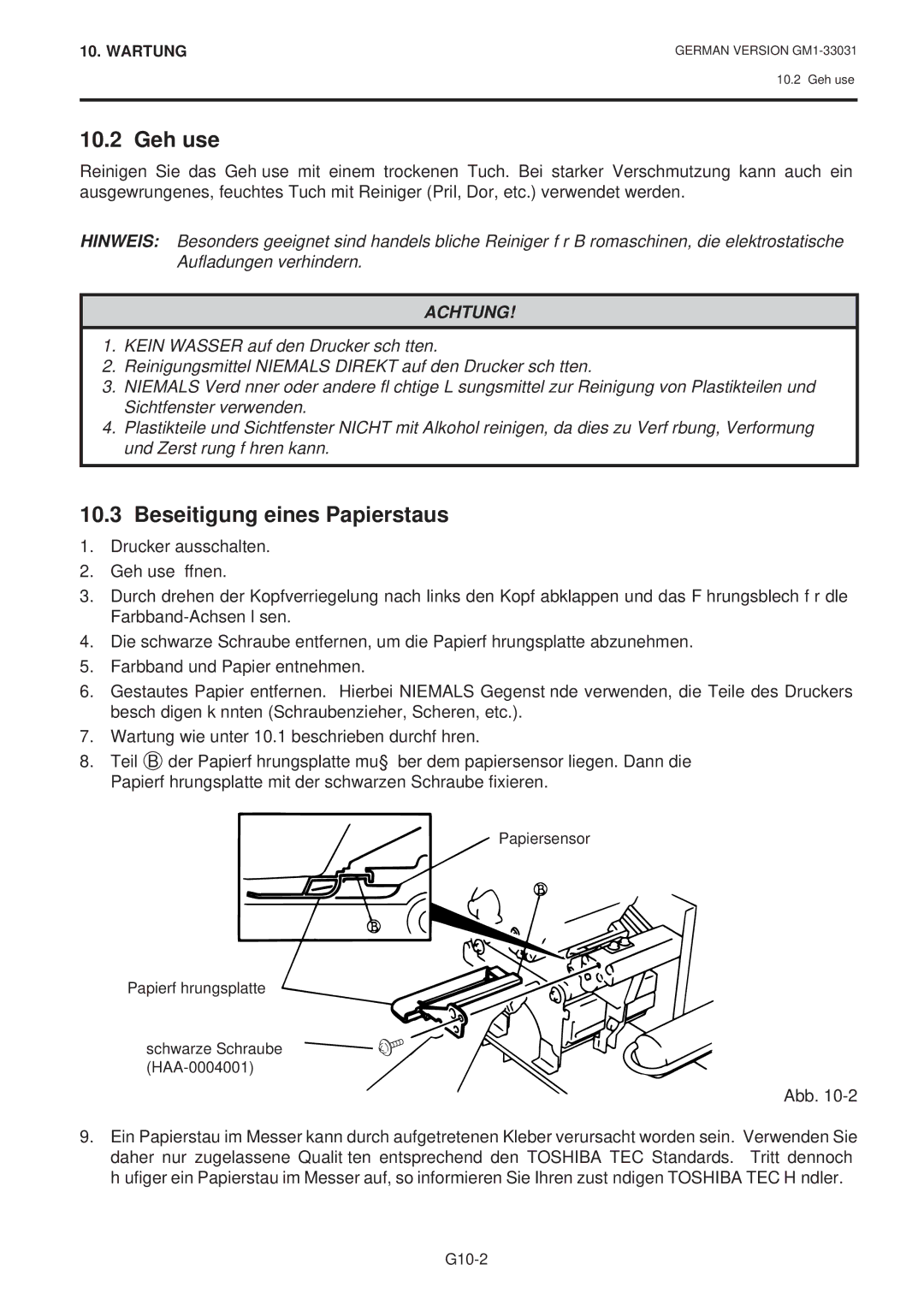 Toshiba B-570-QP Series owner manual 10.2 Gehäuse, Beseitigung eines Papierstaus 