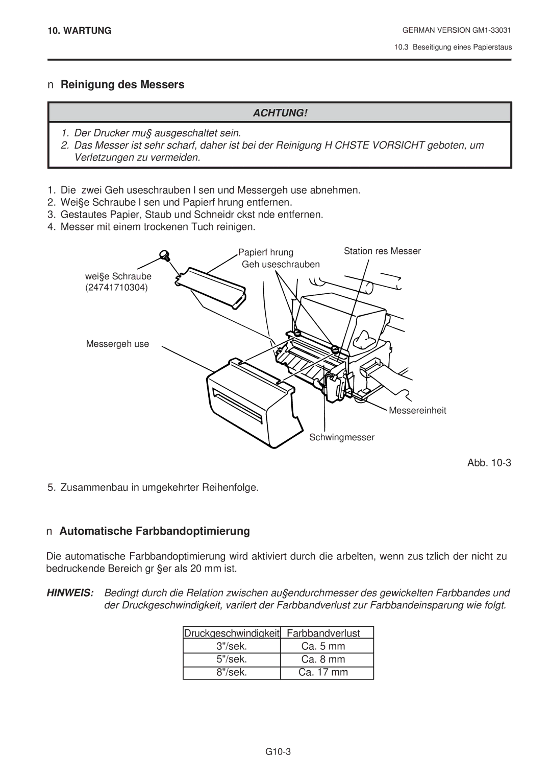 Toshiba B-570-QP Series owner manual Reinigung des Messers, Automatische Farbbandoptimierung, Farbbandverlust, Sek 