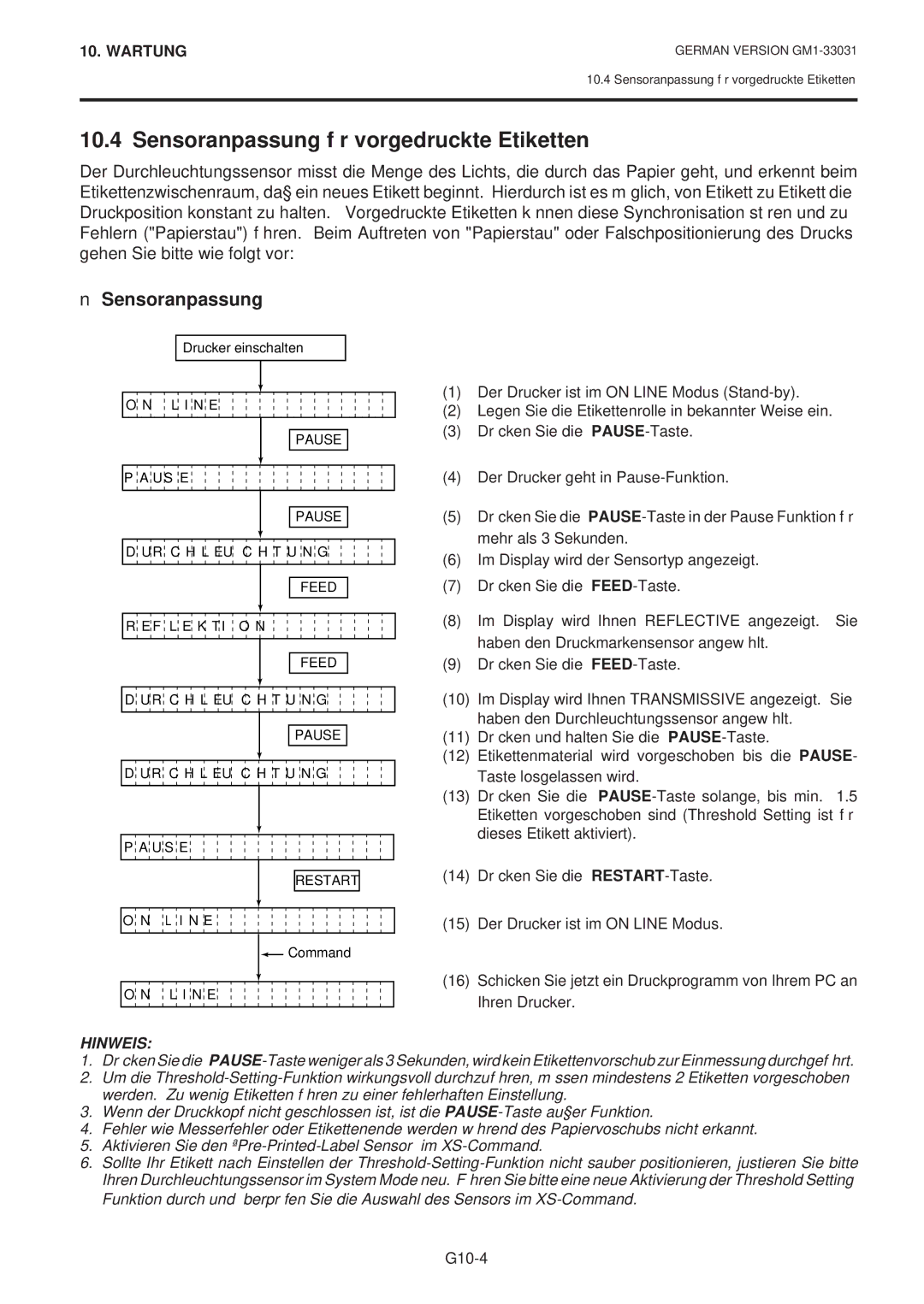 Toshiba B-570-QP Series owner manual Sensoranpassung für vorgedruckte Etiketten 