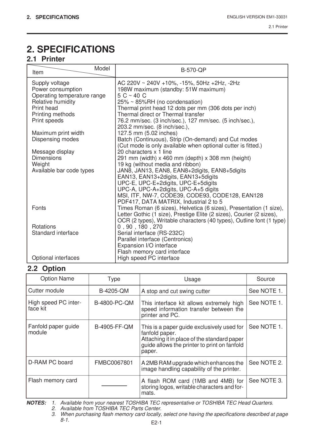 Toshiba B-570-QP Series owner manual Specifications, Printer, Option Name Type Usage 