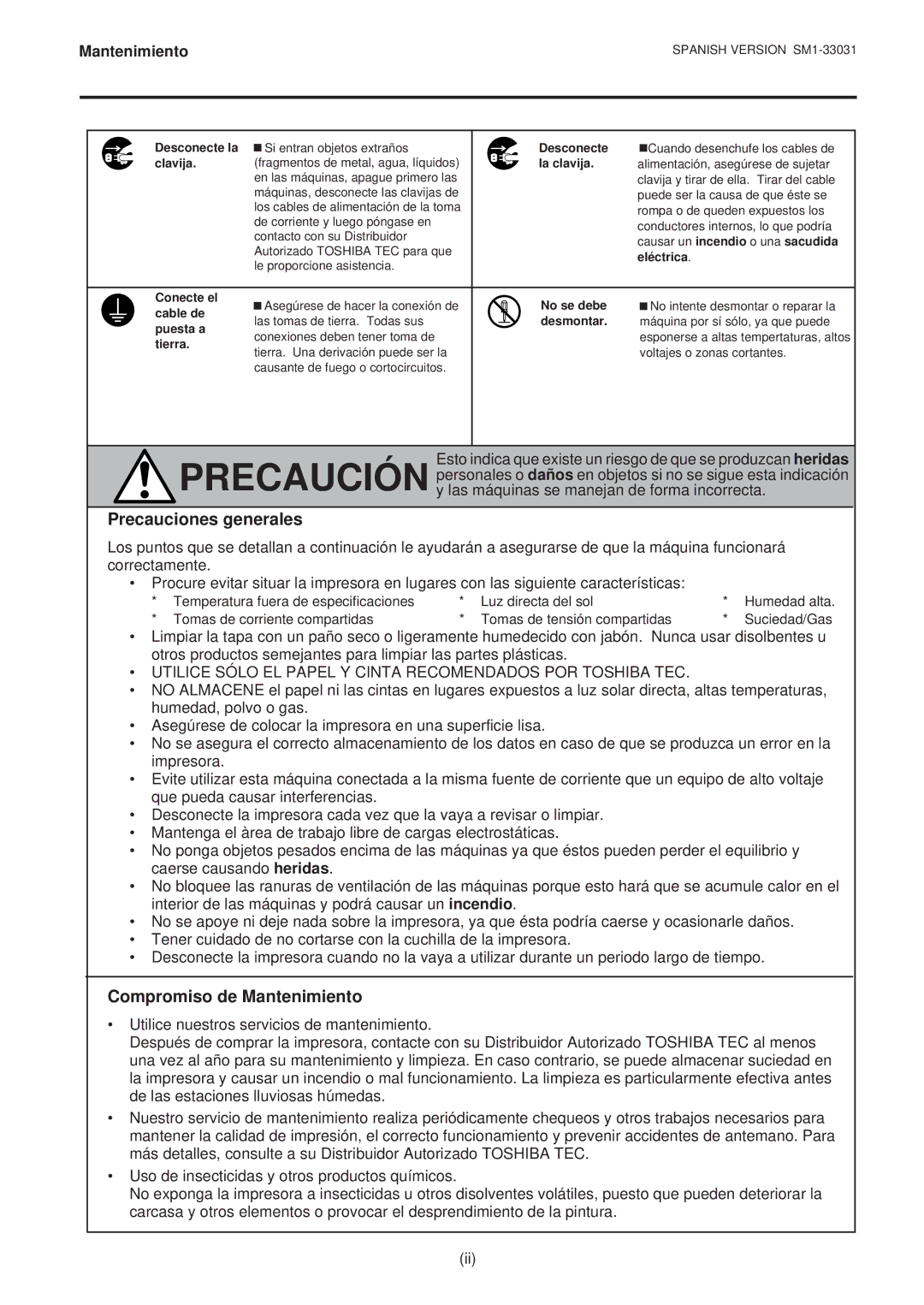 Toshiba B-570-QP Series owner manual Precauciones generales, Compromiso de Mantenimiento 