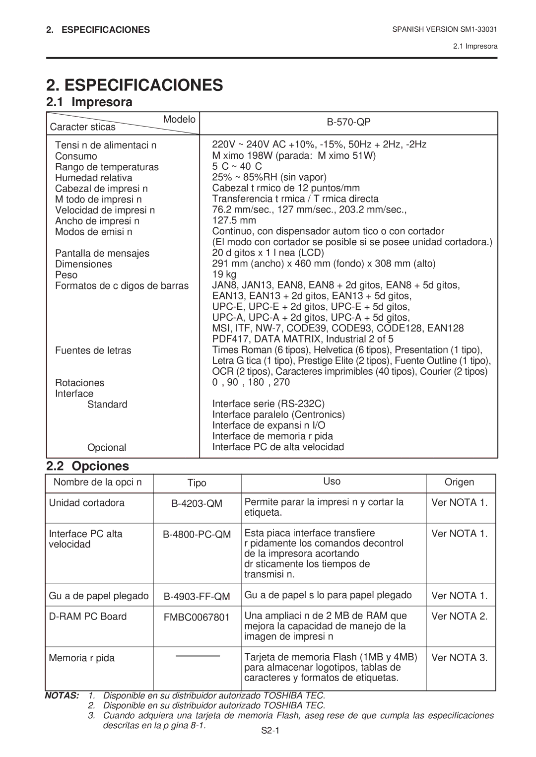 Toshiba B-570-QP Series owner manual Especificaciones, Impresora, Opciones 