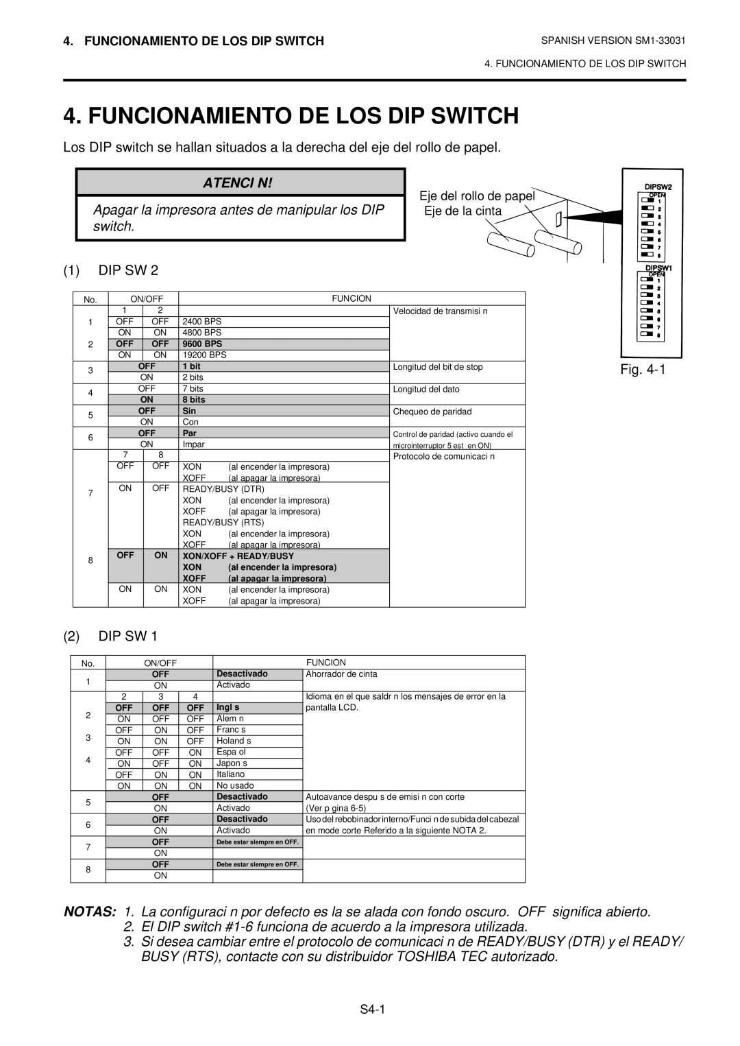 Toshiba B-570-QP Series owner manual Funcionamiento DE LOS DIP Switch, Atención 