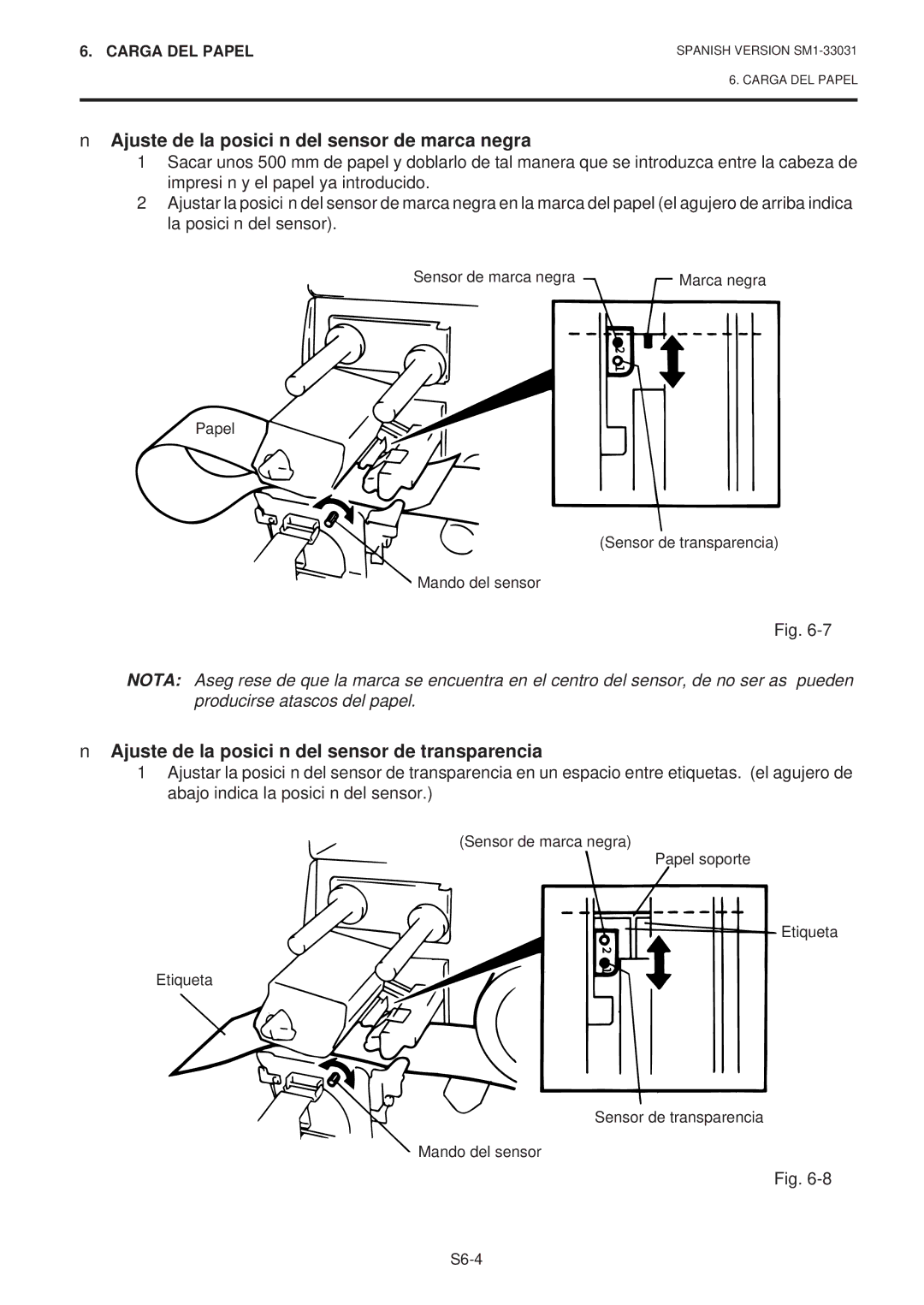 Toshiba B-570-QP Series Ajuste de la posición del sensor de marca negra, Ajuste de la posición del sensor de transparencia 