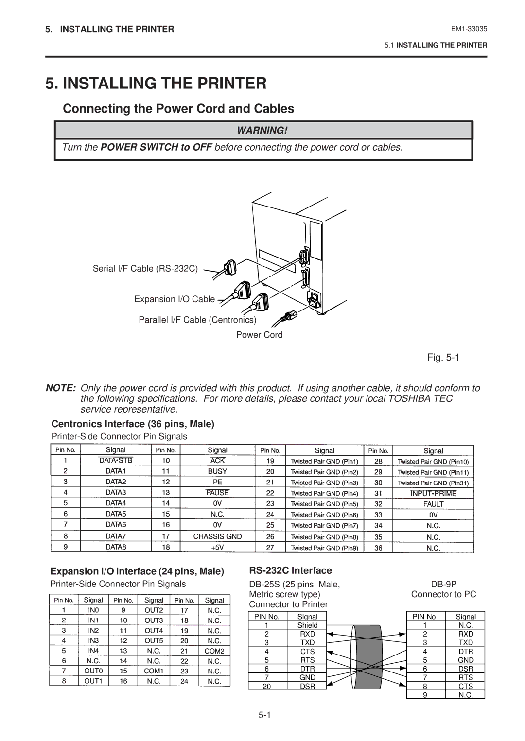 Toshiba B-570-QQ Installing the Printer, Connecting the Power Cord and Cables, Centronics Interface 36 pins, Male 