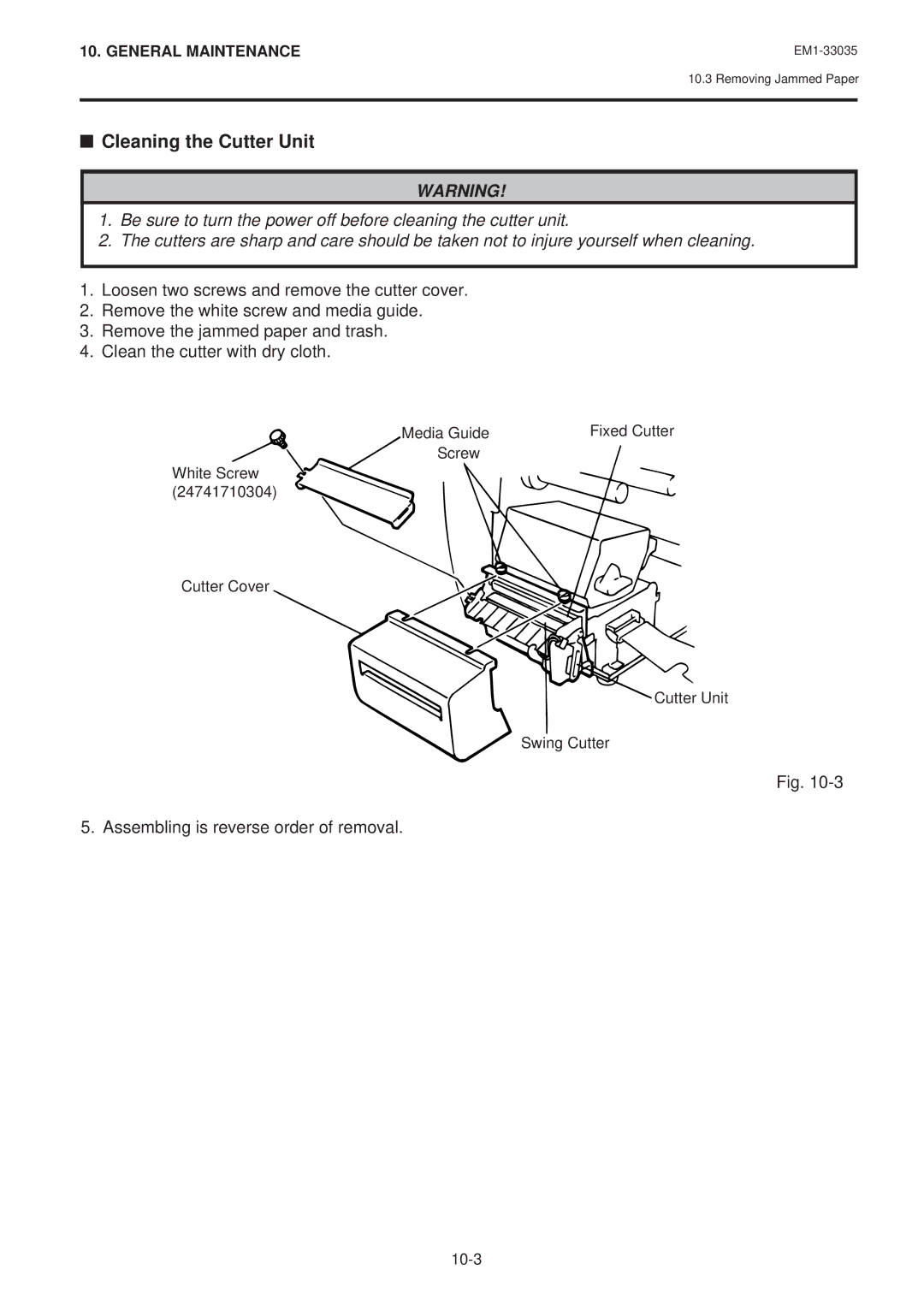 Toshiba B-570-QQ owner manual Cleaning the Cutter Unit 