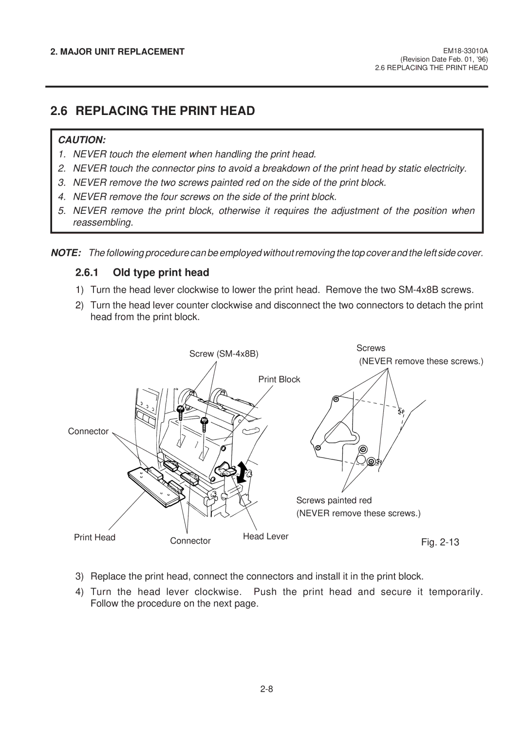 Toshiba B-570 manual Replacing the Print Head, Old type print head 