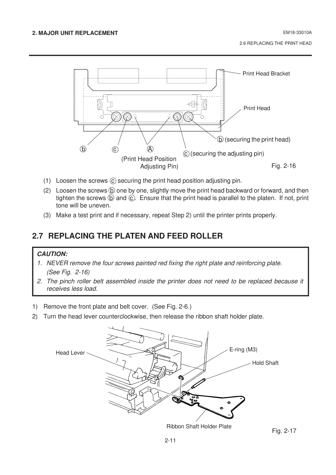 Toshiba B-570 manual Replacing the Platen and Feed Roller 