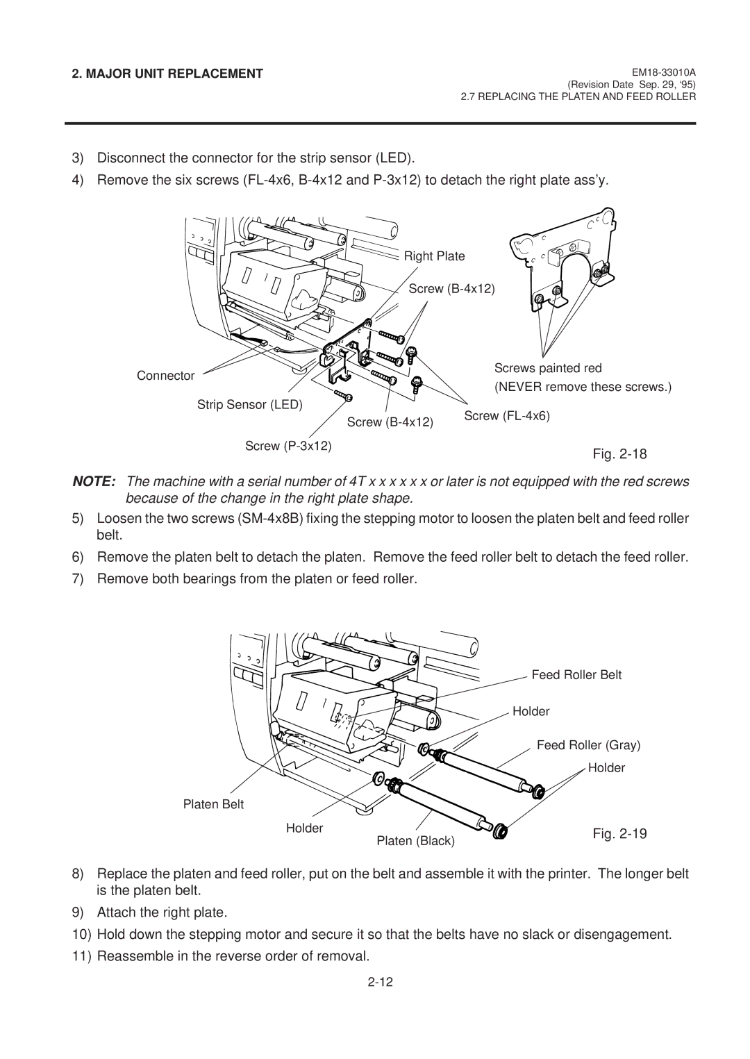 Toshiba B-570 manual Replacing the Platen and Feed Roller 