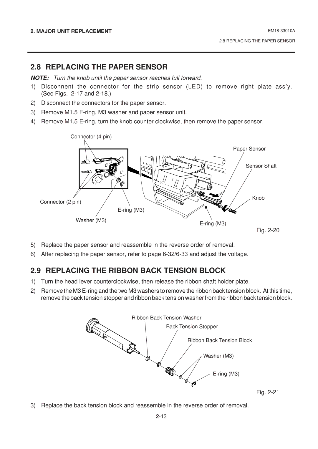 Toshiba B-570 manual Replacing the Paper Sensor, Replacing the Ribbon Back Tension Block 