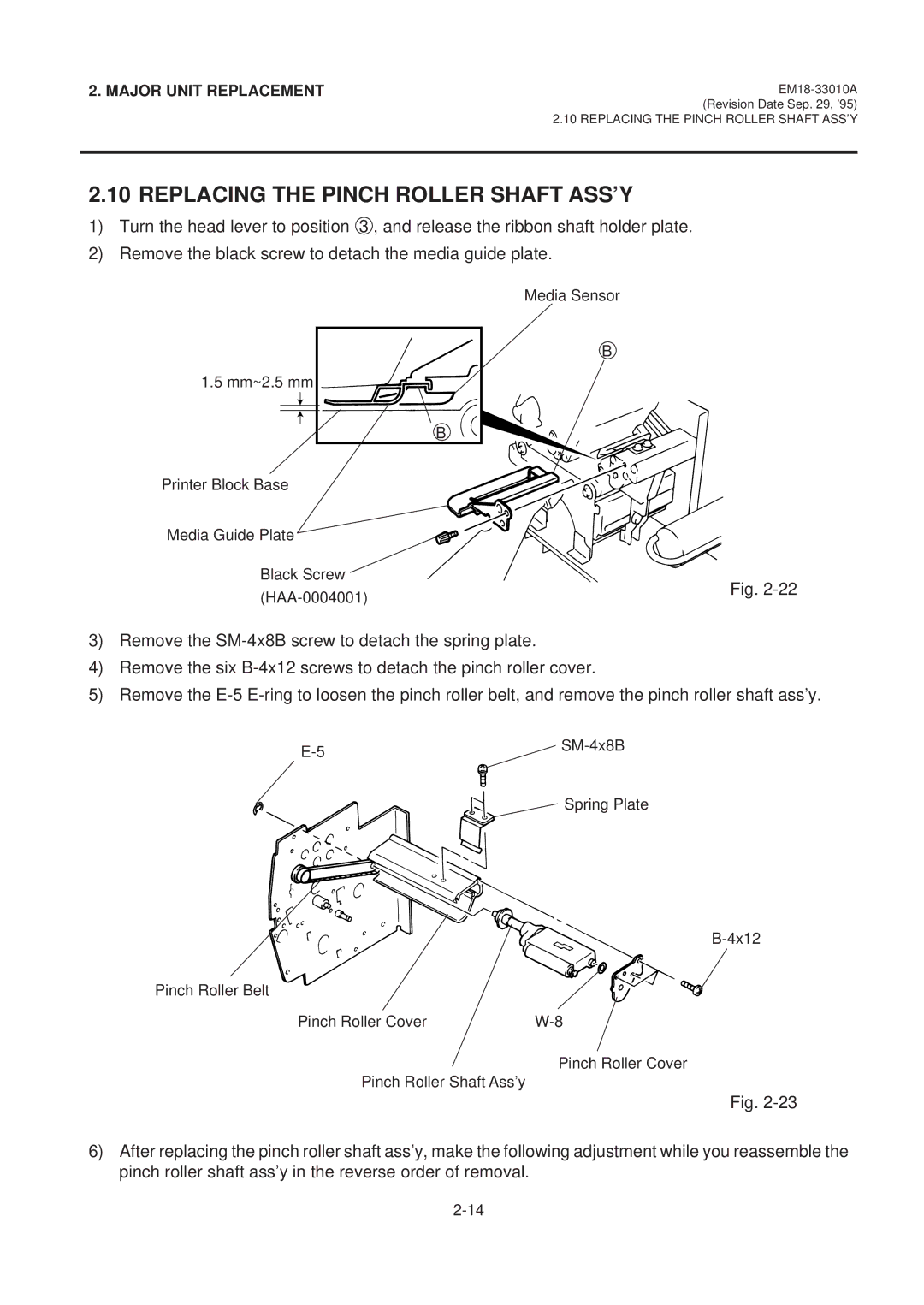 Toshiba B-570 manual Replacing the Pinch Roller Shaft ASS’Y 