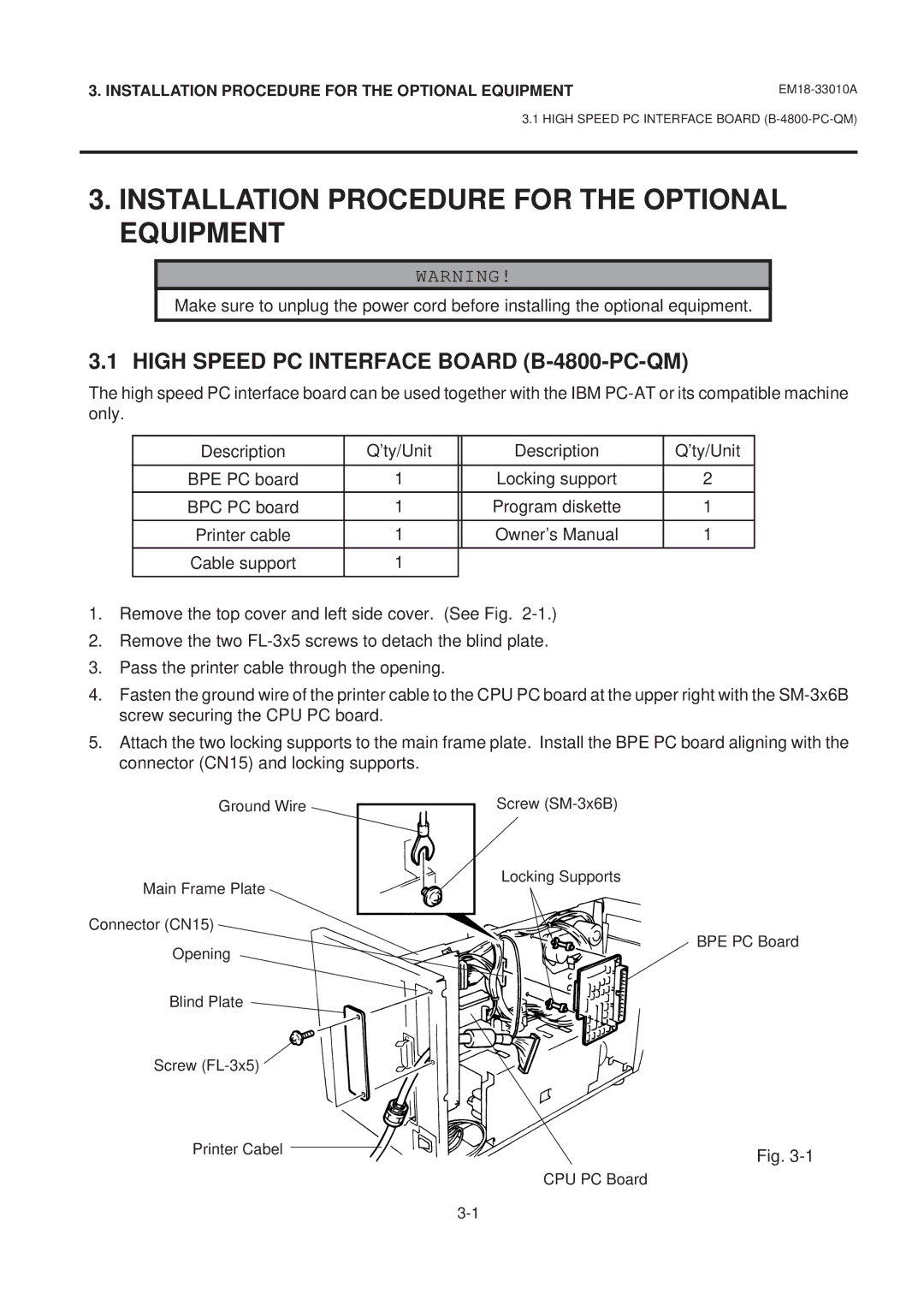 Toshiba B-570 manual Installation Procedure for the Optional Equipment, High Speed PC Interface Board B-4800-PC-QM 