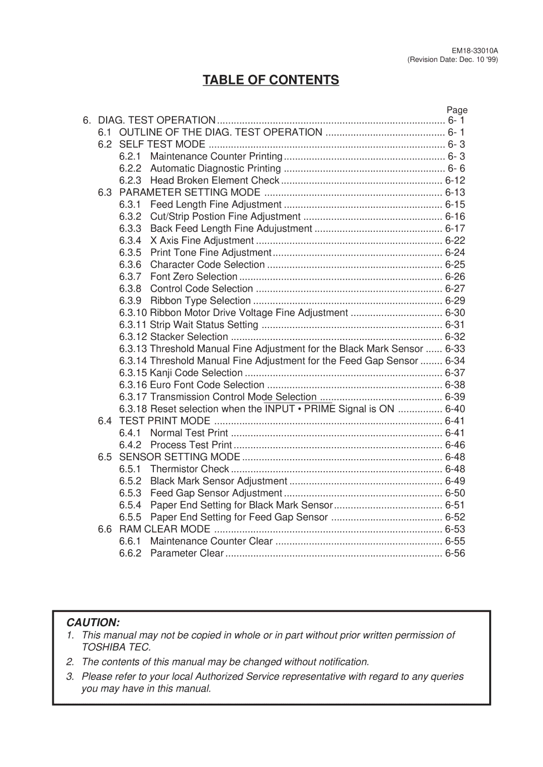 Toshiba B-570 manual Parameter Setting Mode, Test Print Mode, Sensor Setting Mode, RAM Clear Mode 