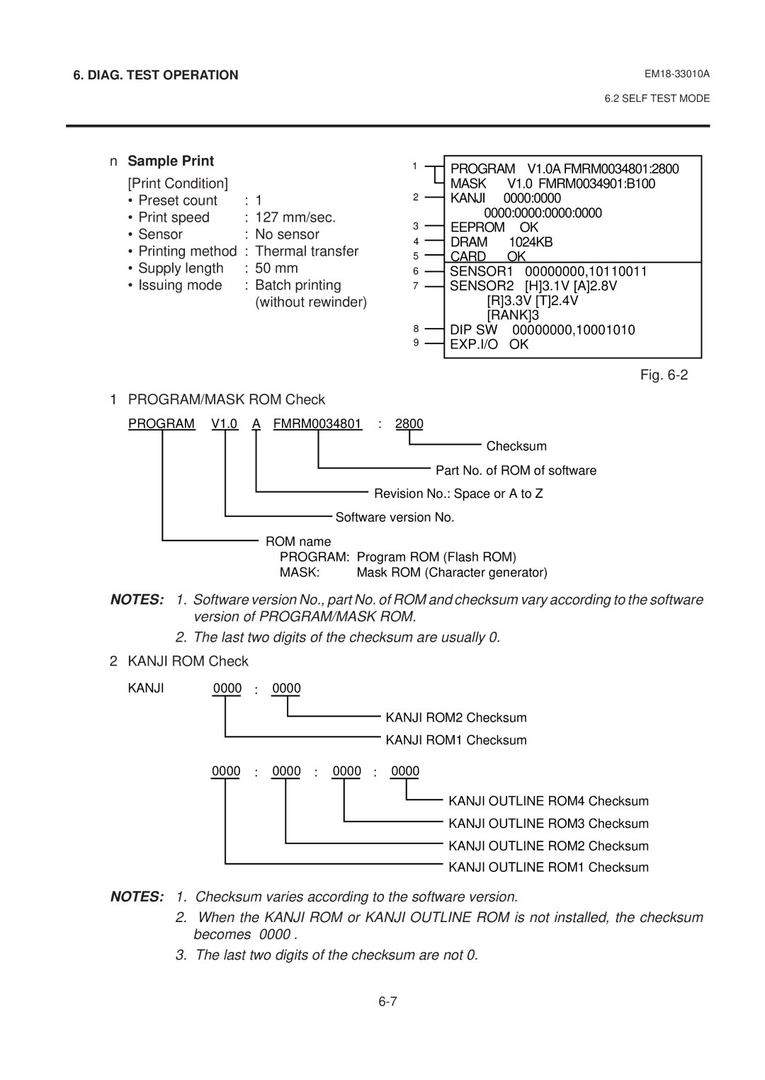 Toshiba B-570 manual Sample Print, Print Condition ∙ Preset count ∙ Print speed, PROGRAM/MASK ROM Check, Kanji ROM Check 