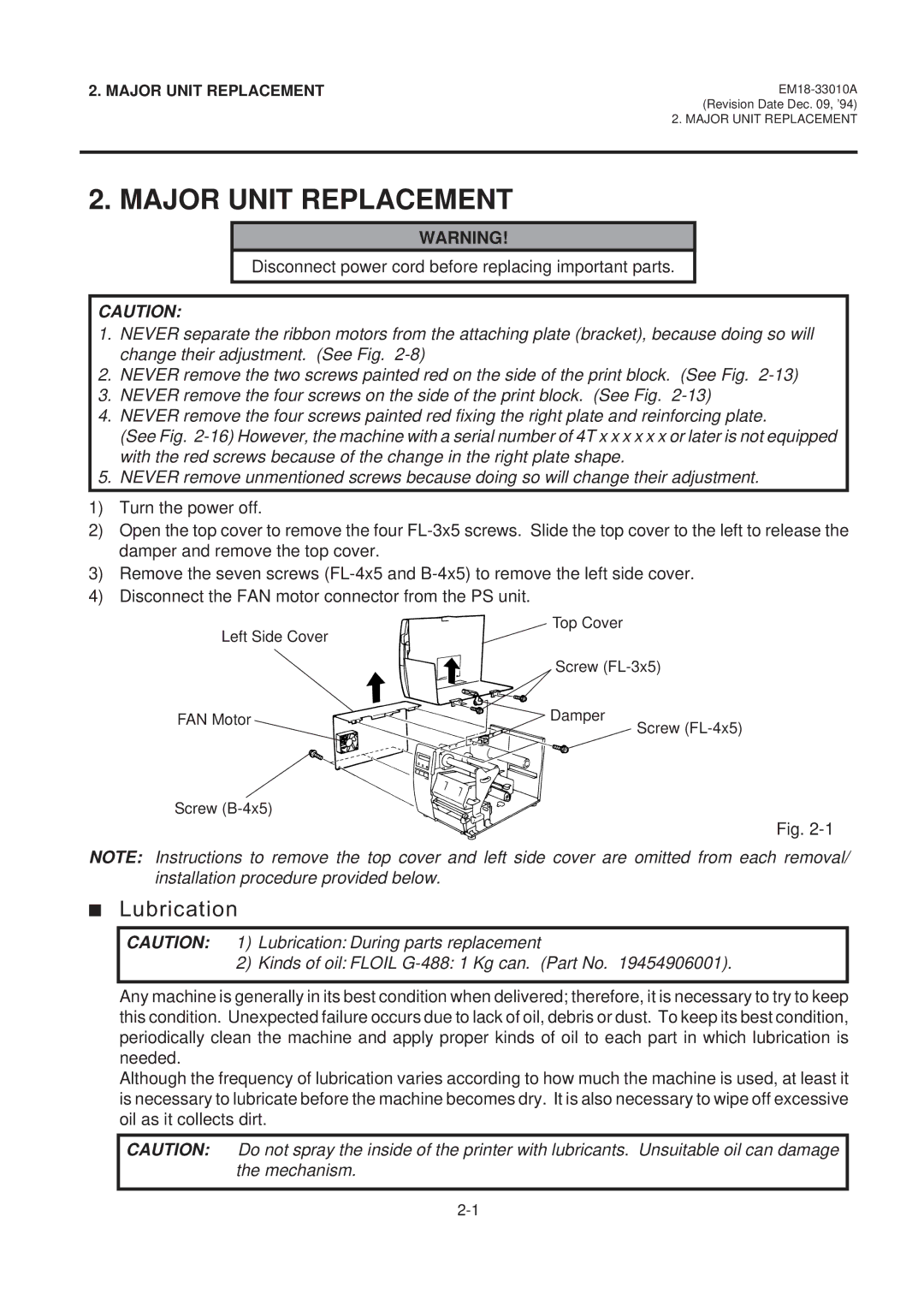 Toshiba B-570 manual Major Unit Replacement, Disconnect power cord before replacing important parts 