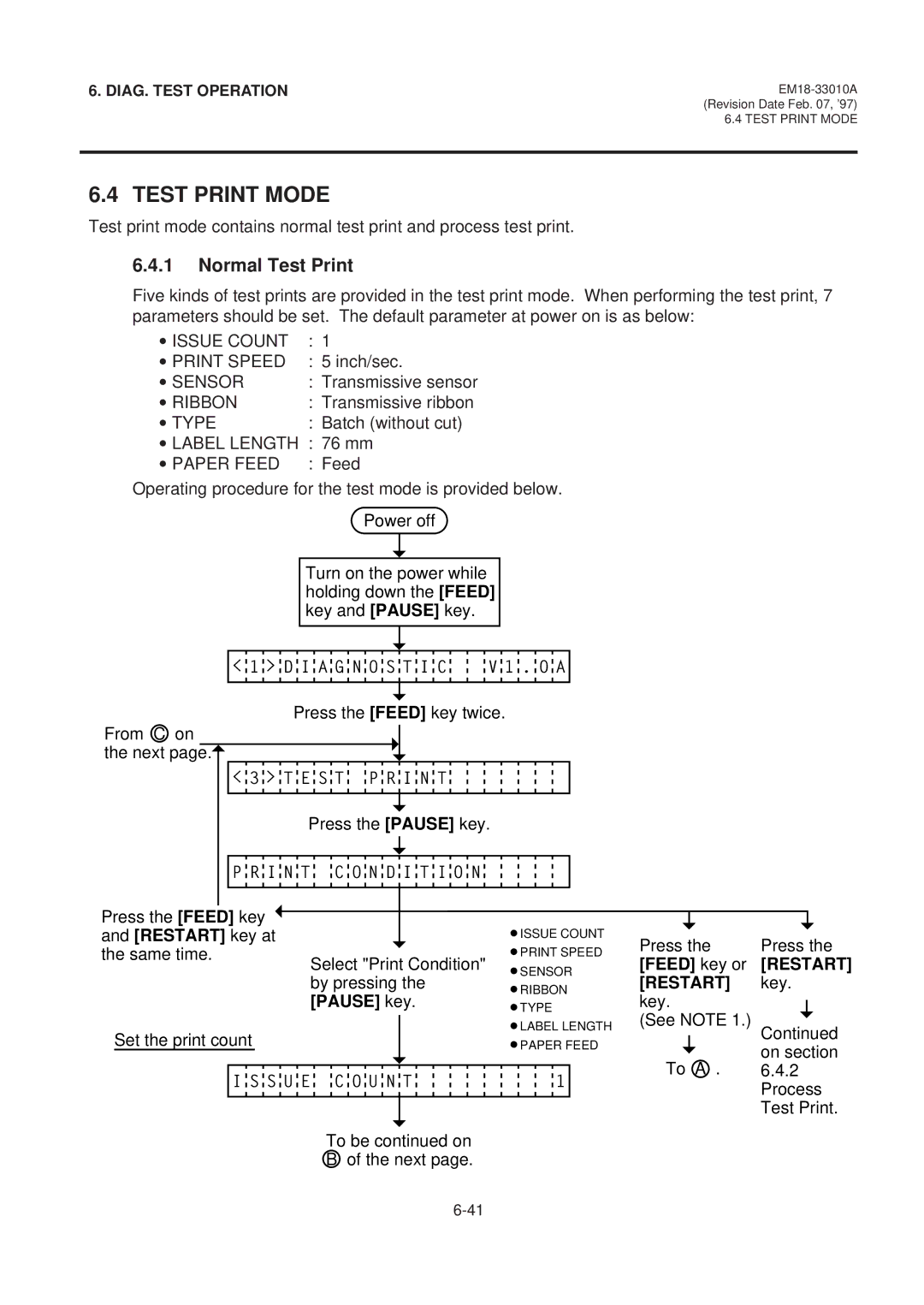 Toshiba B-570 manual Test Print Mode, Normal Test Print, I N T C O N D I T I O N, Pause key, S U E C O U N T 