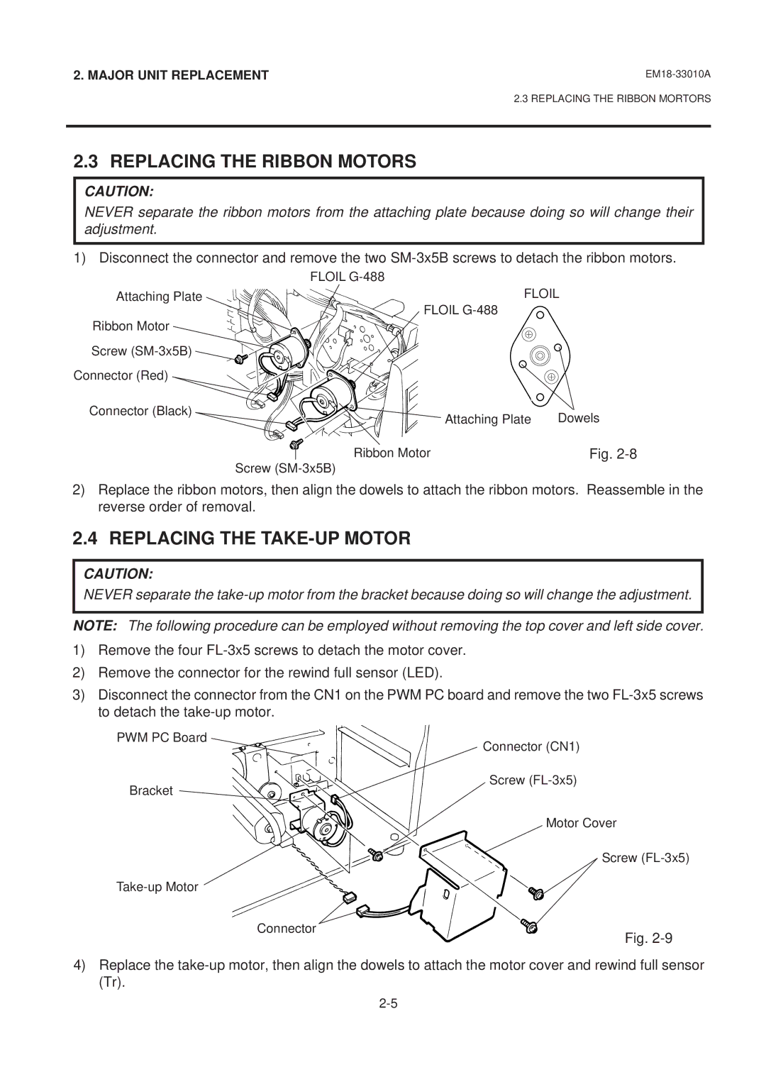 Toshiba B-570 manual Replacing the Ribbon Motors, Replacing the TAKE-UP Motor 