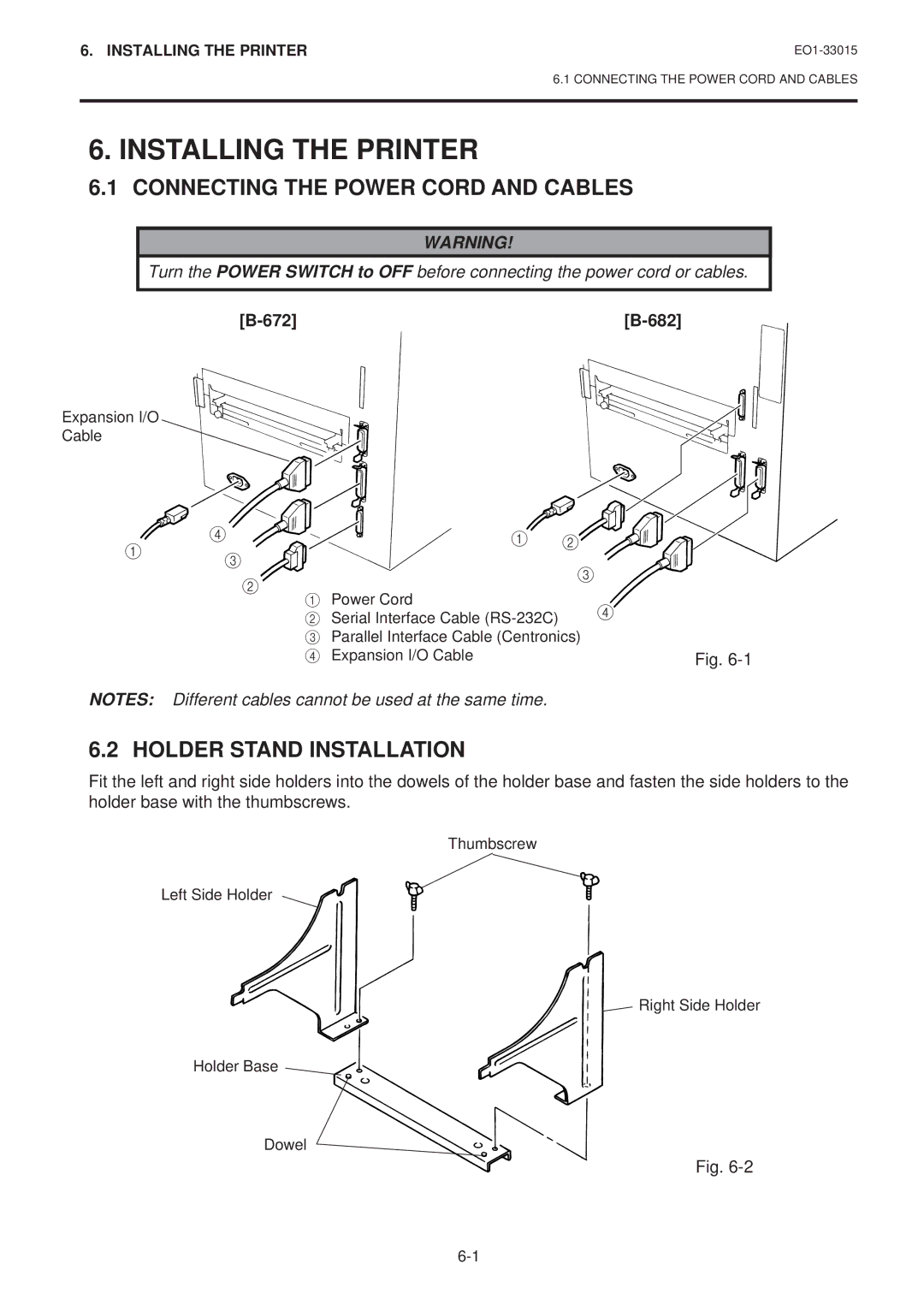 Toshiba B-680-QQ, B-670-QQ Installing the Printer, Connecting the Power Cord and Cables, Holder Stand Installation 