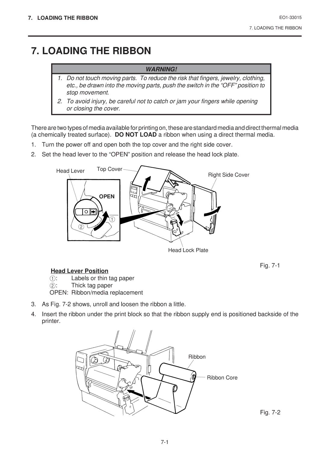 Toshiba B-670-QQ, B-680-QQ owner manual Loading the Ribbon, Head Lever Position 