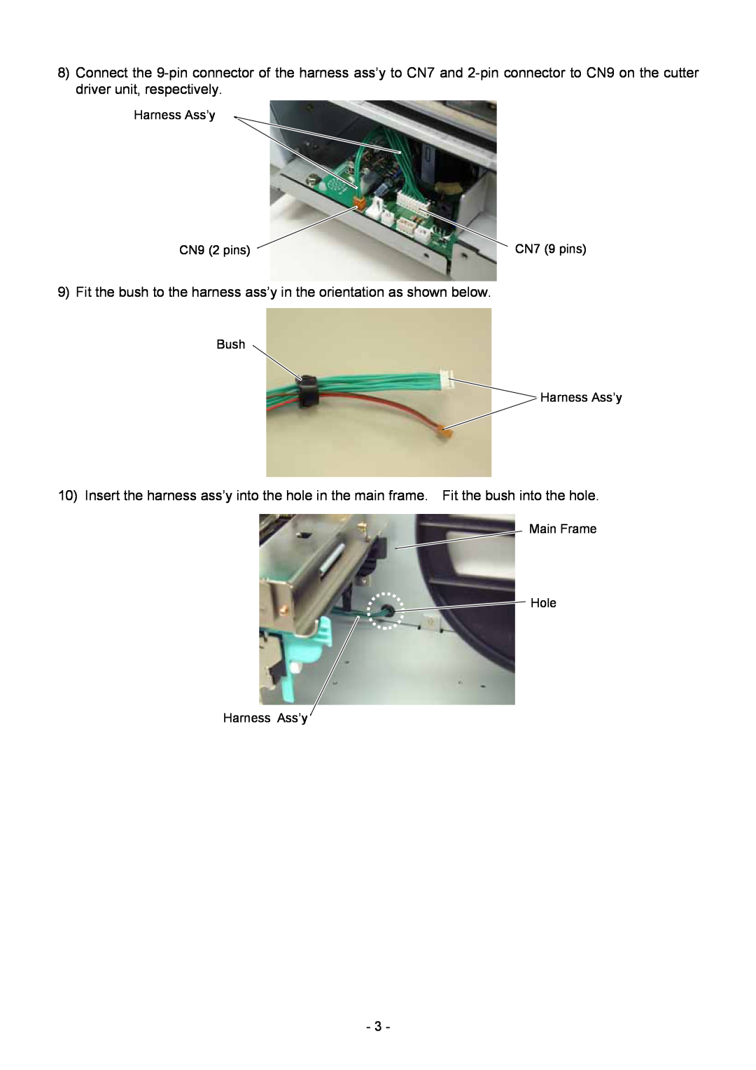 Toshiba B-8204-QM-R installation manual CN9 2 pins, CN7 9 pins, Bush Harness Ass’y, Main Frame Hole Harness Ass’y 
