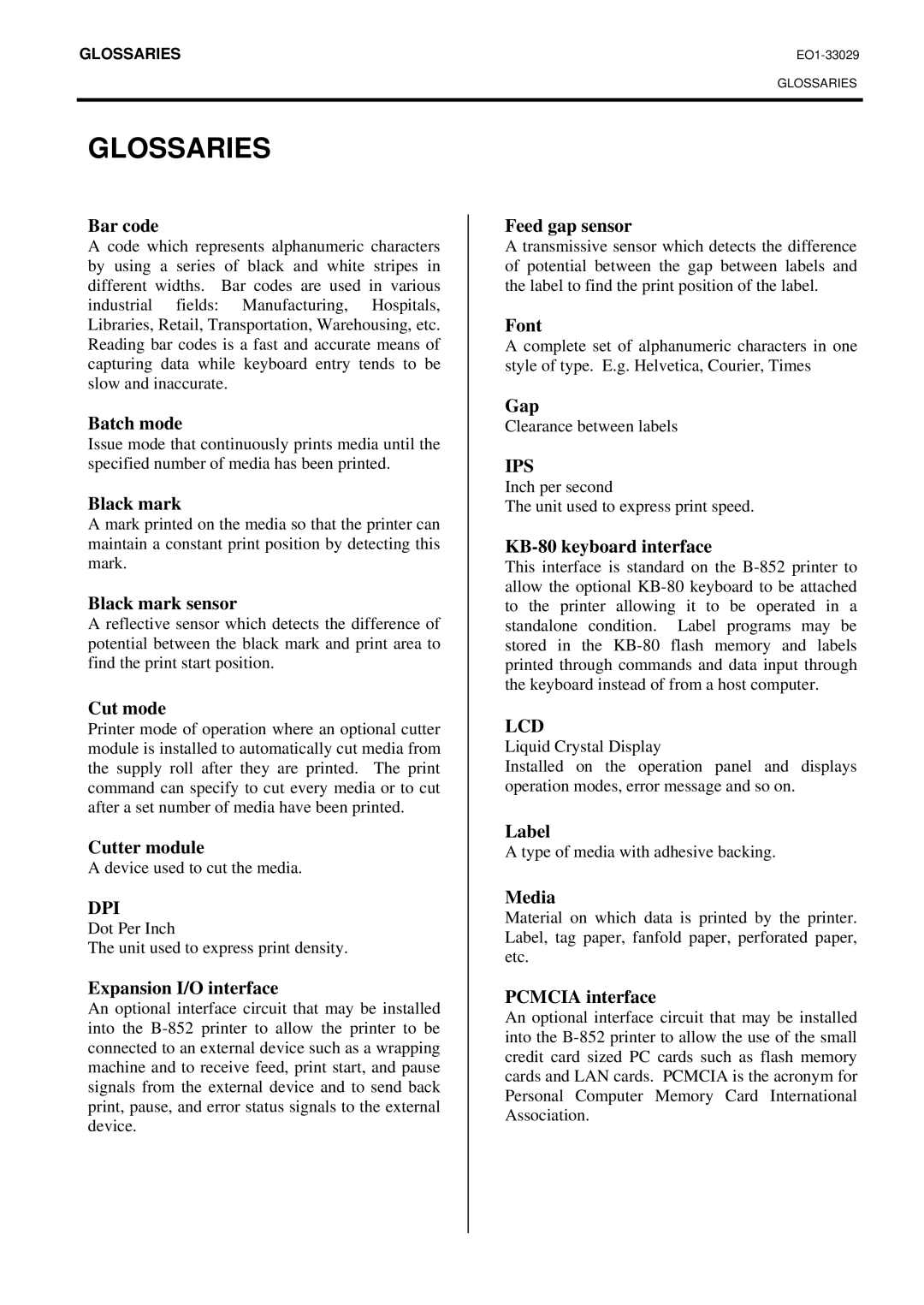 Toshiba B-850 owner manual Glossaries, Bar code 