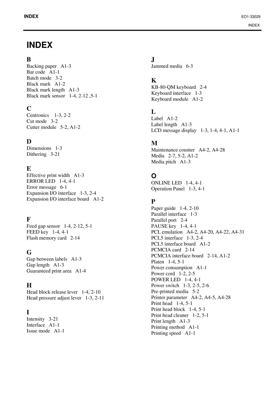 Toshiba B-850 owner manual Index 