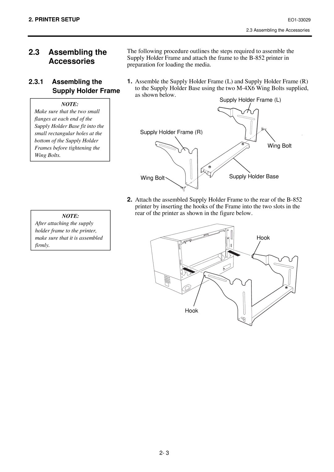 Toshiba B-850 owner manual Assembling the Accessories, Assembling the Supply Holder Frame 