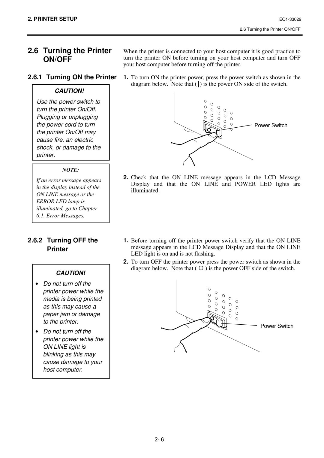 Toshiba B-850 owner manual Turning the Printer, Turning on the Printer, Turning OFF the Printer 