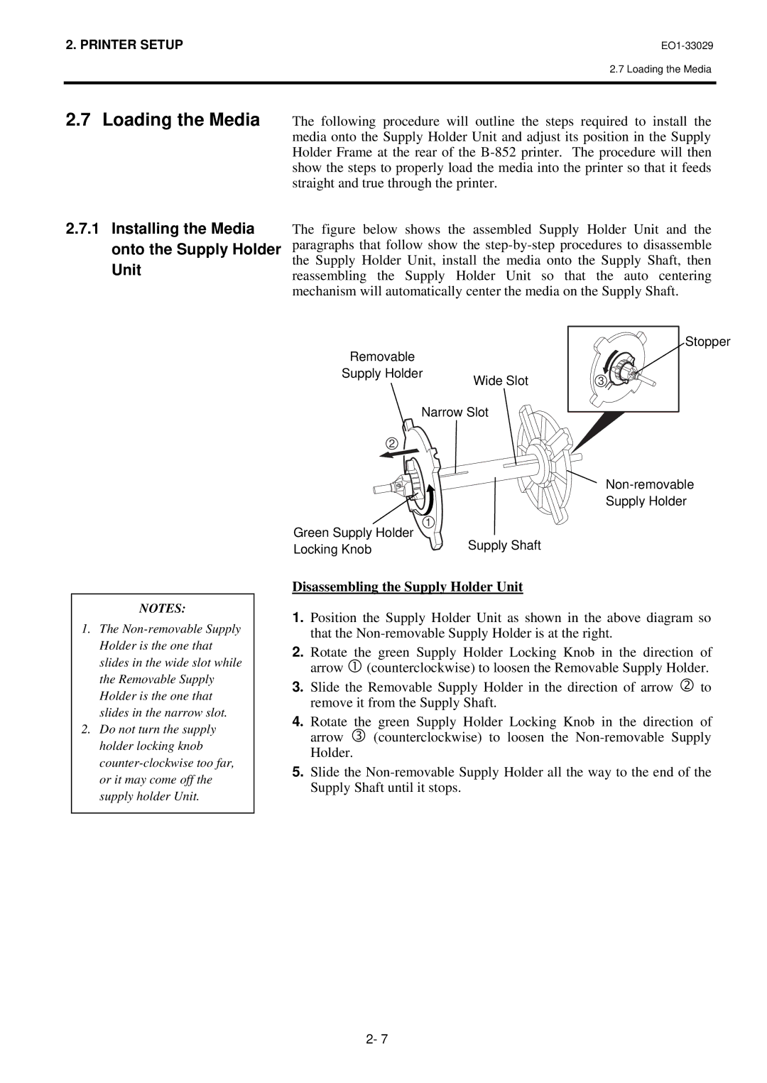 Toshiba B-850 owner manual Installing the Media onto the Supply Holder Unit, Disassembling the Supply Holder Unit 