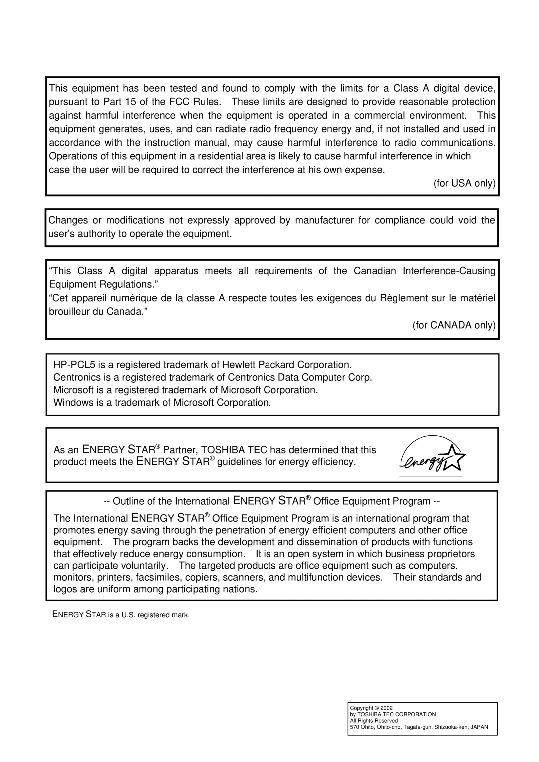 Toshiba B-850 owner manual Energy Star is a U.S. registered mark 