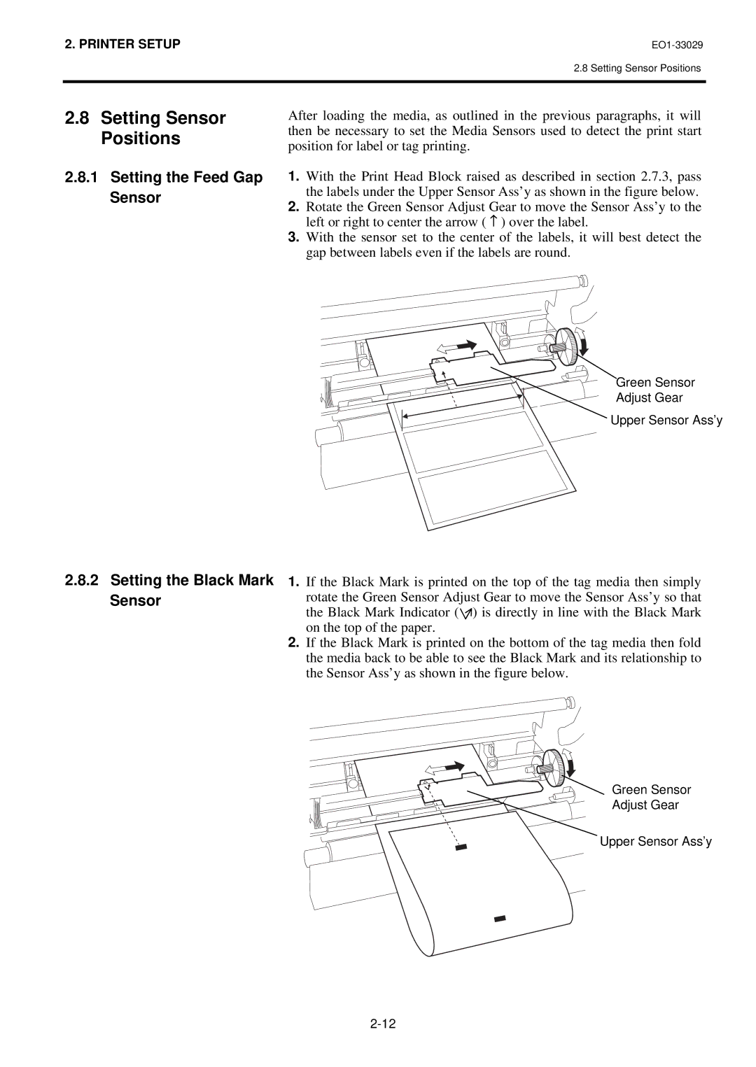 Toshiba B-850 owner manual Setting Sensor Positions, Setting the Feed Gap Sensor, Setting the Black Mark Sensor 