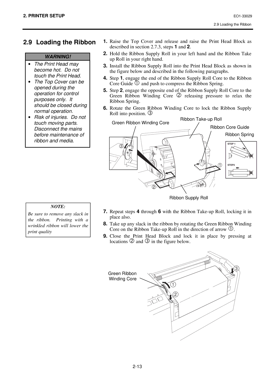 Toshiba B-850 owner manual Loading the Ribbon 