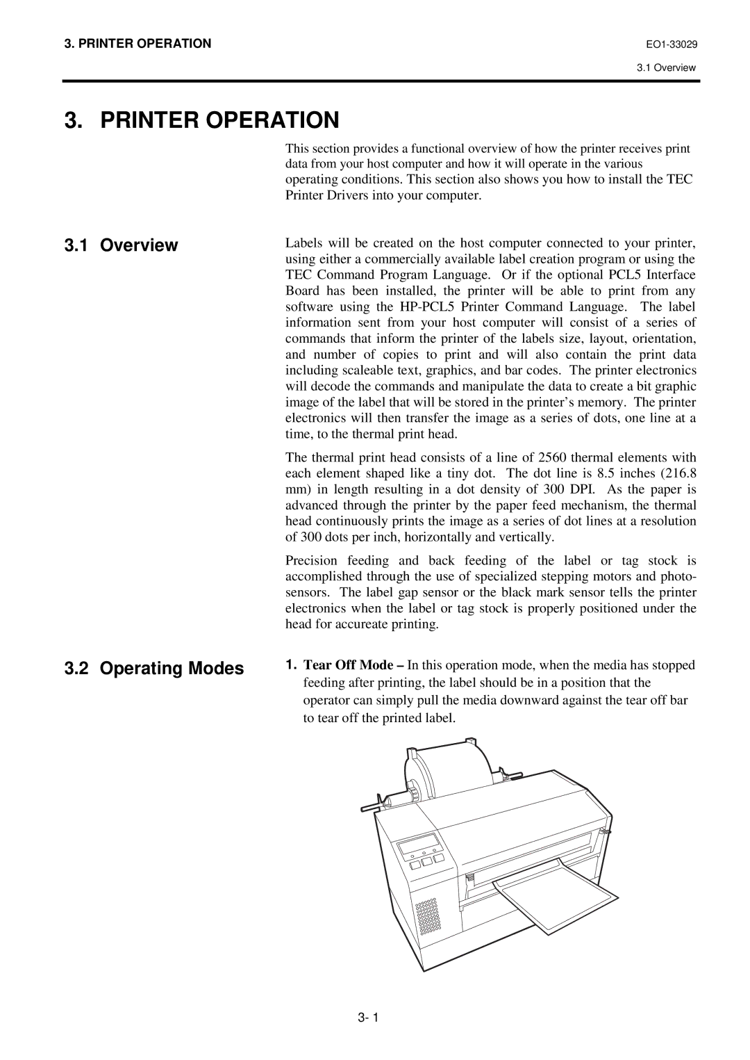 Toshiba B-850 owner manual Printer Operation, Overview Operating Modes 