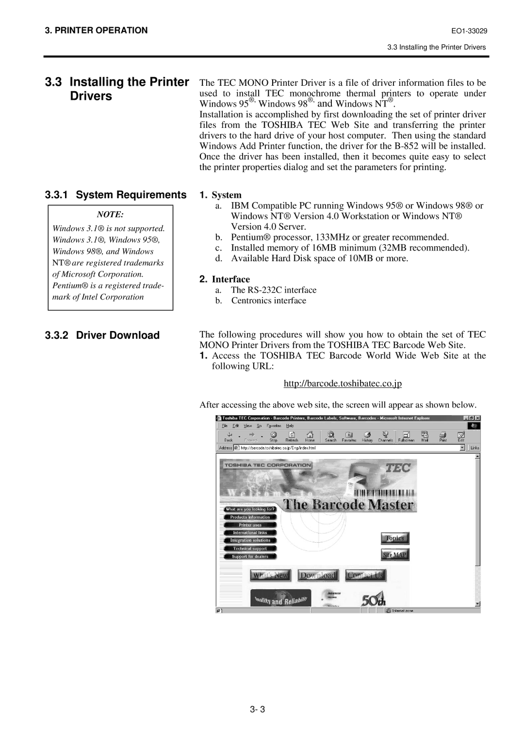 Toshiba B-850 owner manual Installing the Printer Drivers, System Requirements, Driver Download, Interface 