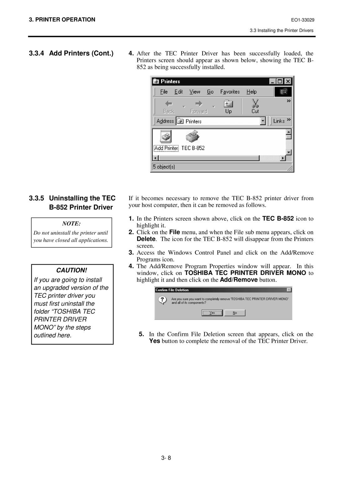 Toshiba B-850 owner manual Add Printers Uninstalling the TEC B-852 Printer Driver 