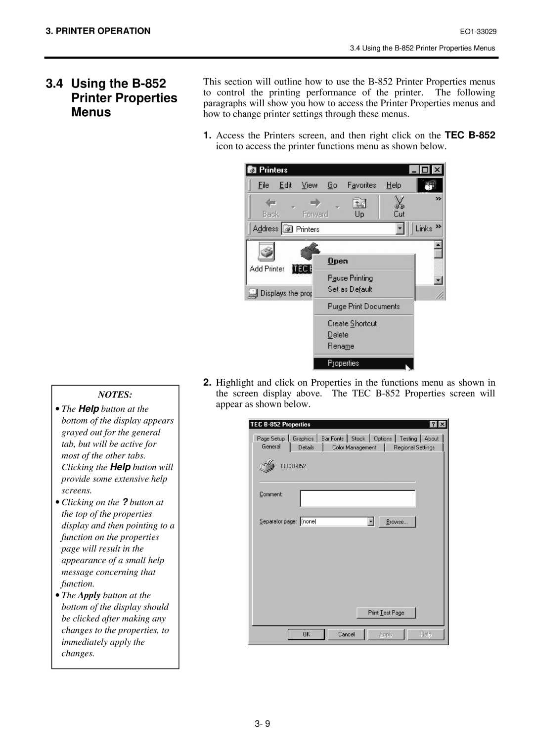 Toshiba B-850 owner manual Using the B-852 Printer Properties Menus 